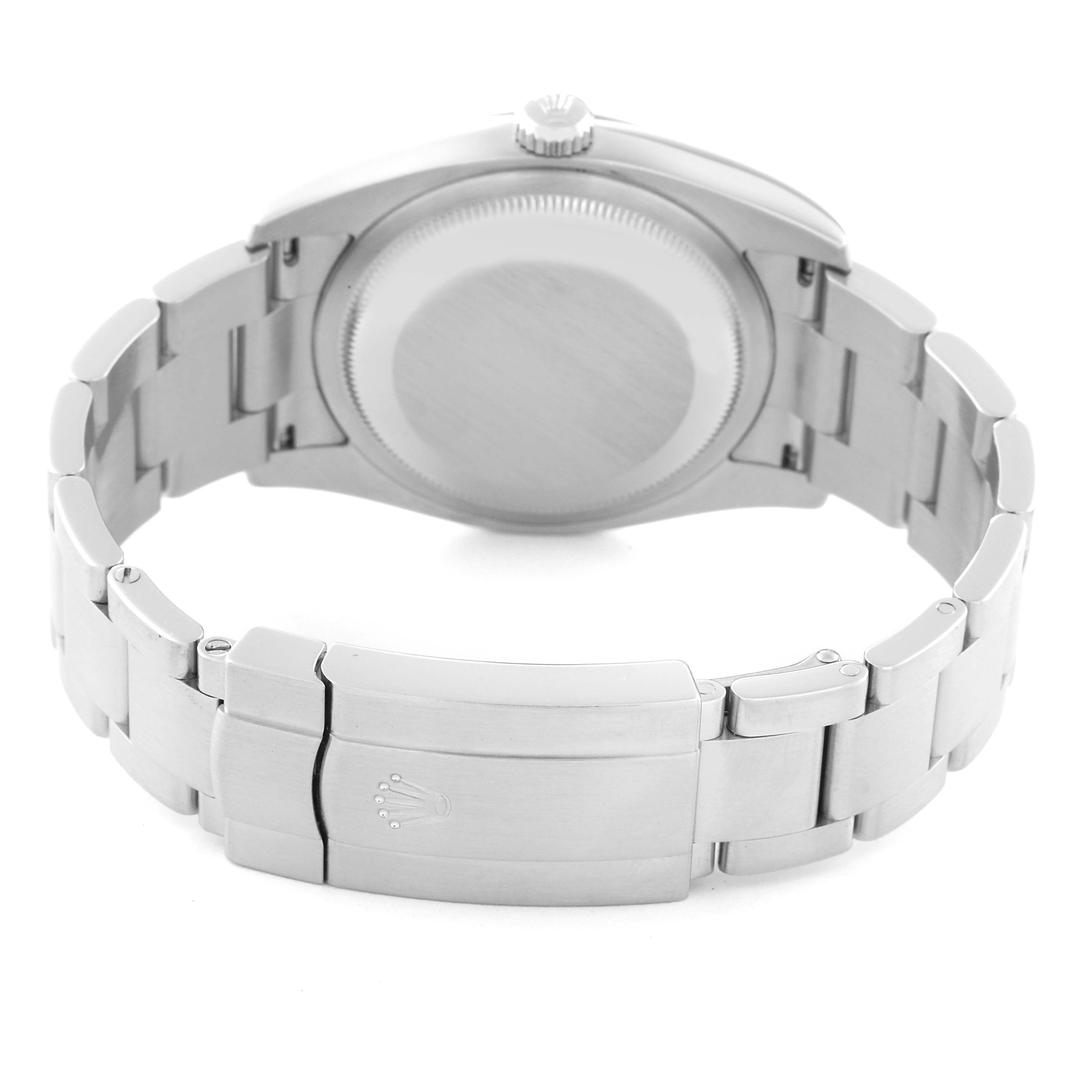 The image shows the back view of a Rolex Oyster Perpetual 116000 Men
s Stainless Steel Blue Dial 116000 Men
s Stainless Steel Blue Dial watch, focusing on the metal case, caseback, and bracelet with a clasp.