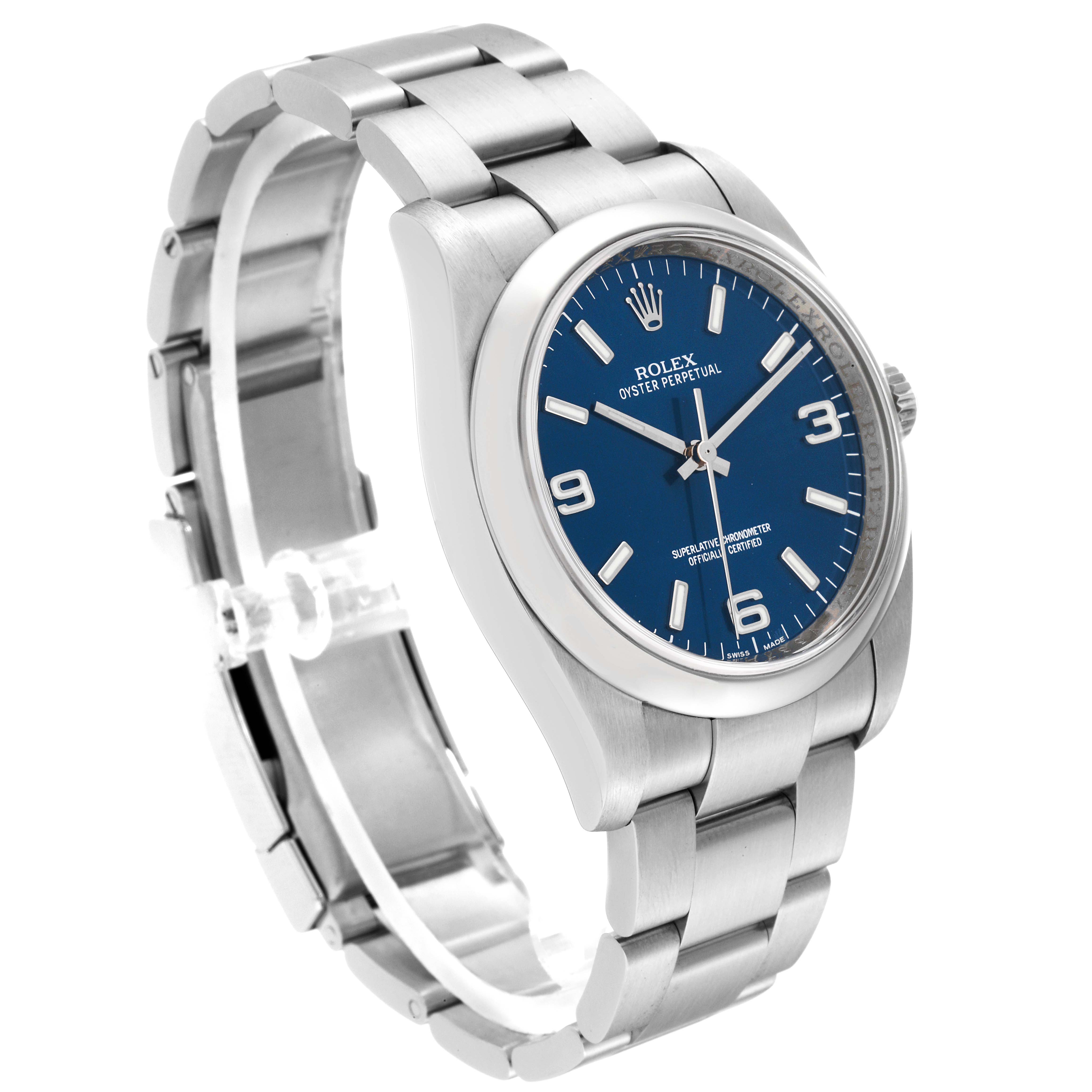 The image shows a Rolex Oyster Perpetual 116000 Men
s Stainless Steel Blue Dial 116000 Men
s Stainless Steel Blue Dial watch with a blue dial and stainless steel bracelet, displayed at a slight angle.