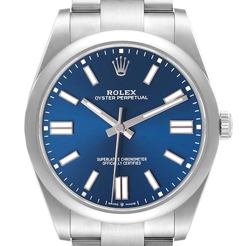 The Rolex Oyster Perpetual 124300 Men's Stainless Steel Blue Dial watch is shown from the front, displaying the dial, hands, crown, and part of the bracelet.