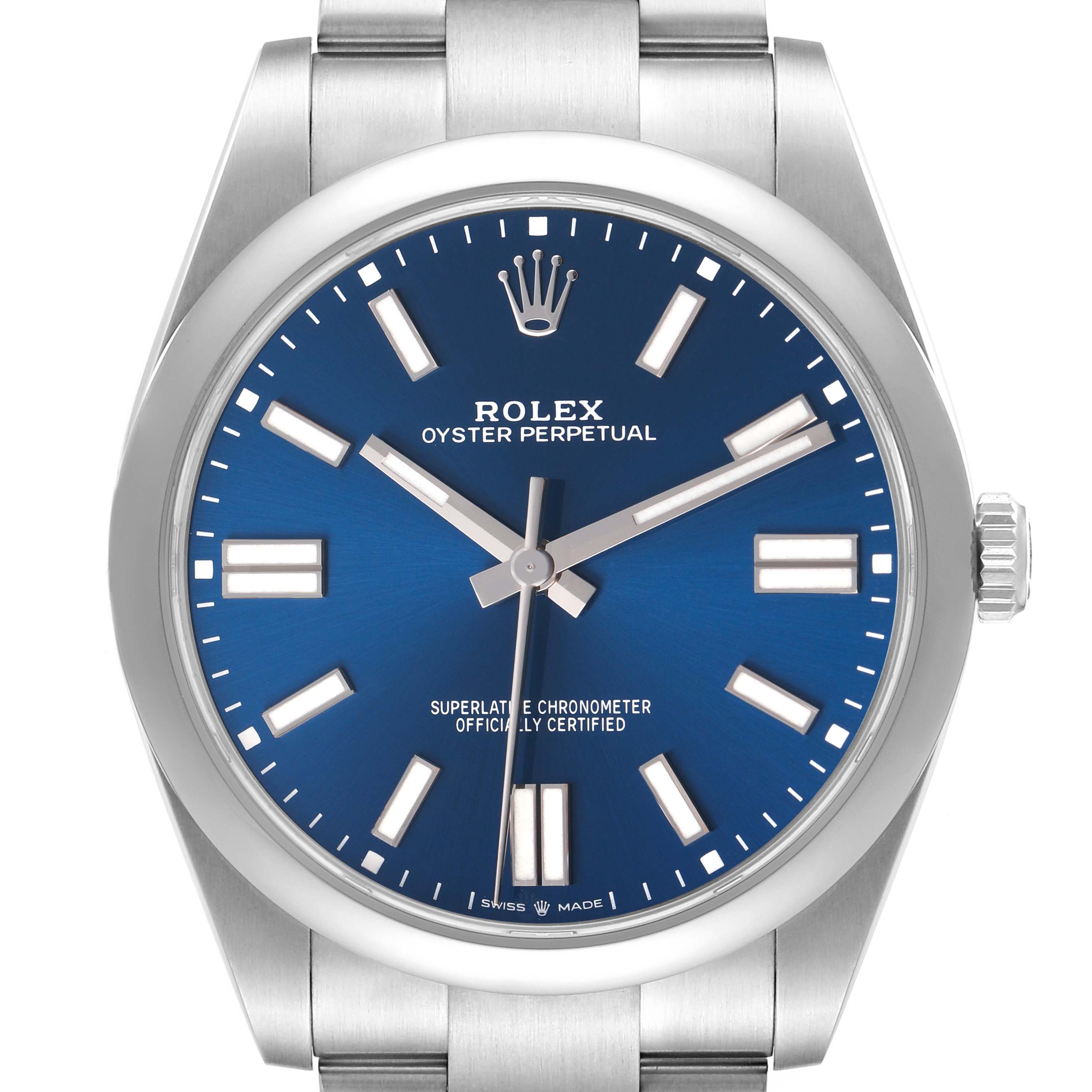 The Rolex Oyster Perpetual 124300 Men's Stainless Steel Blue Dial watch is shown from a front angle, highlighting its blue dial, silver hands, markers, and crown.