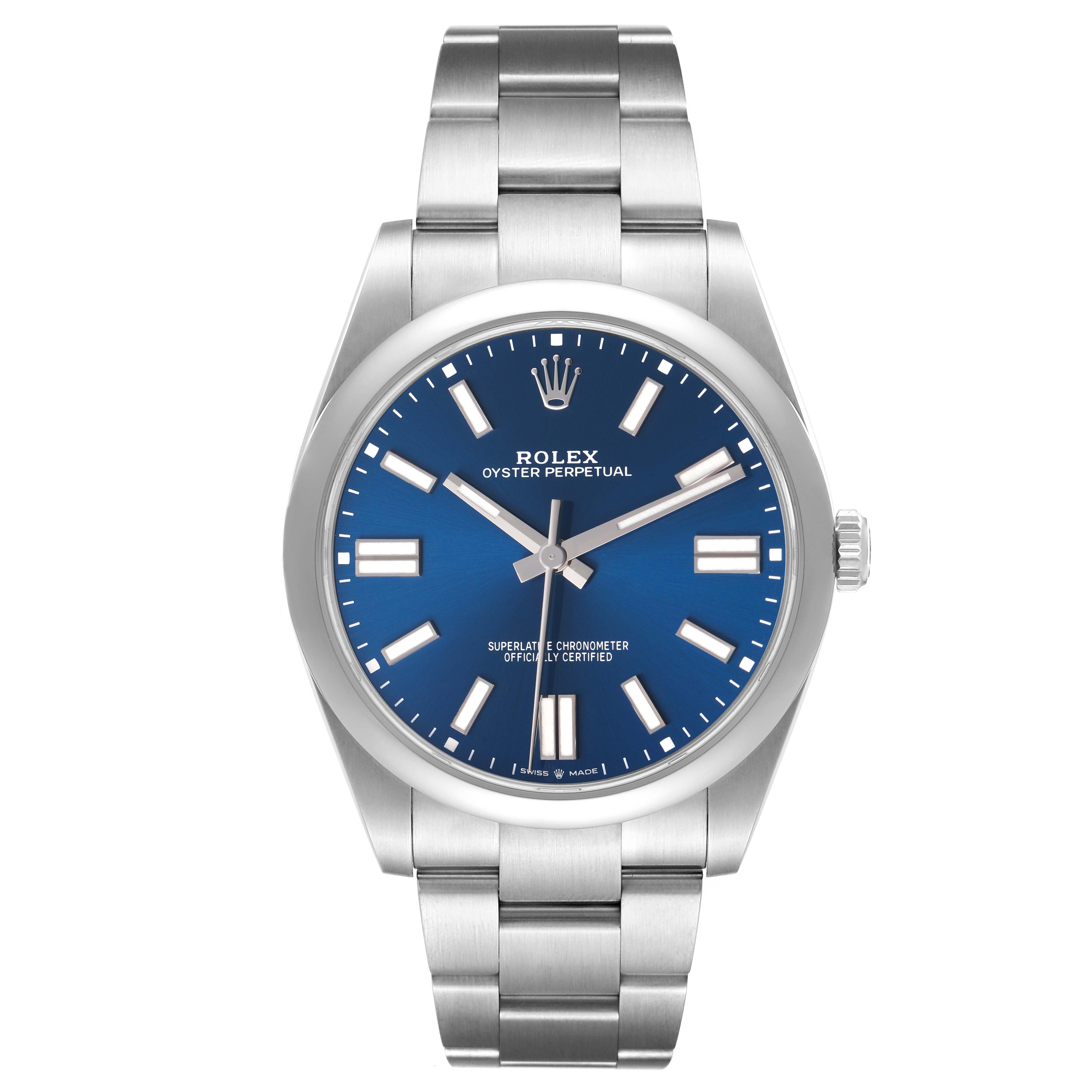 The Rolex Oyster Perpetual 124300 Men's Stainless Steel Blue Dial watch is shown from a front angle, displaying its dial, case, and bracelet prominently.