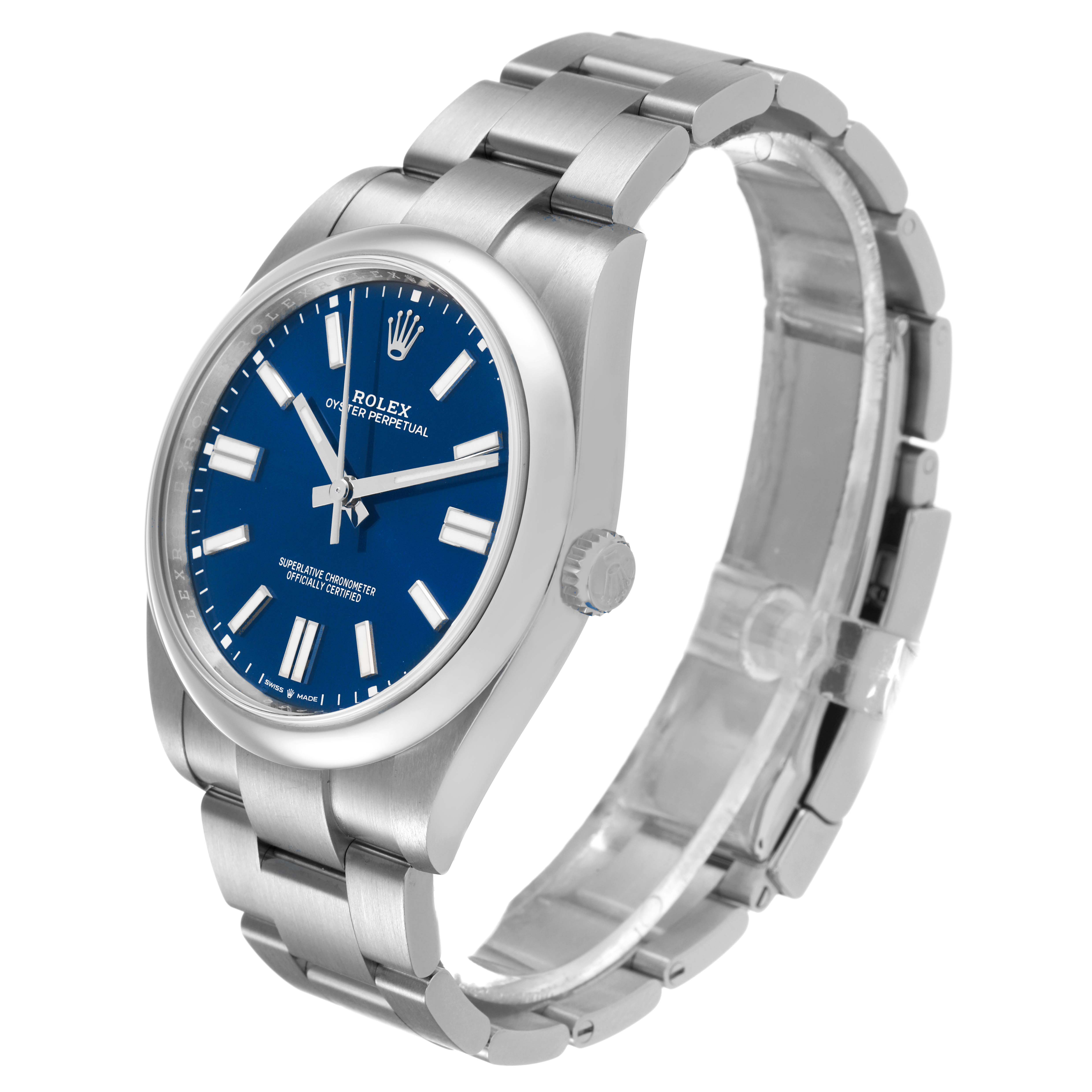 The Rolex Oyster Perpetual 124300 Men's Stainless Steel Blue Dial watch is shown at a three-quarter angle, displaying its blue dial, hour markers, crown, and bracelet.