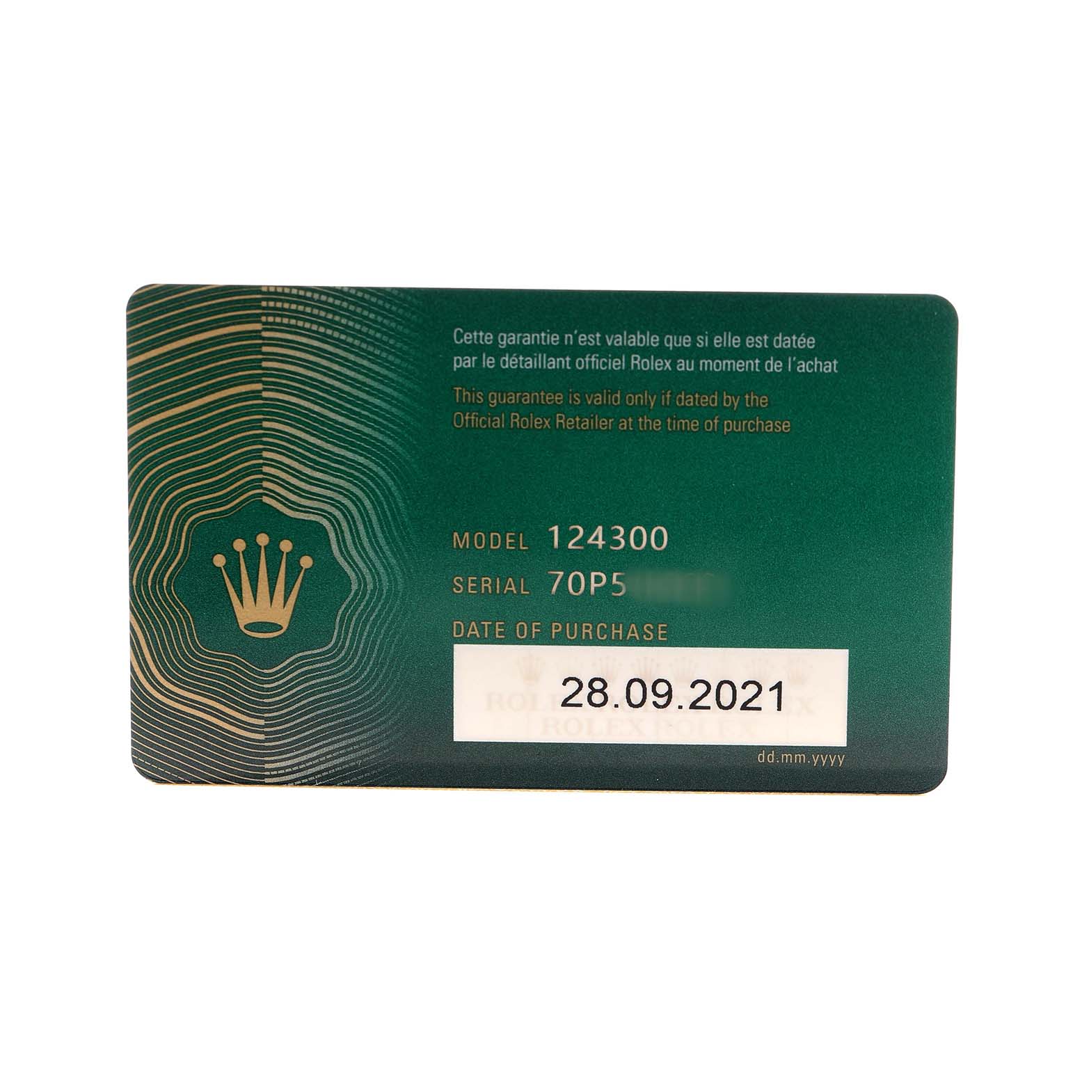The image shows a Rolex Oyster Perpetual 124300 Men's Stainless Steel Blue Dial warranty card flat with model, serial number, and purchase date visible.