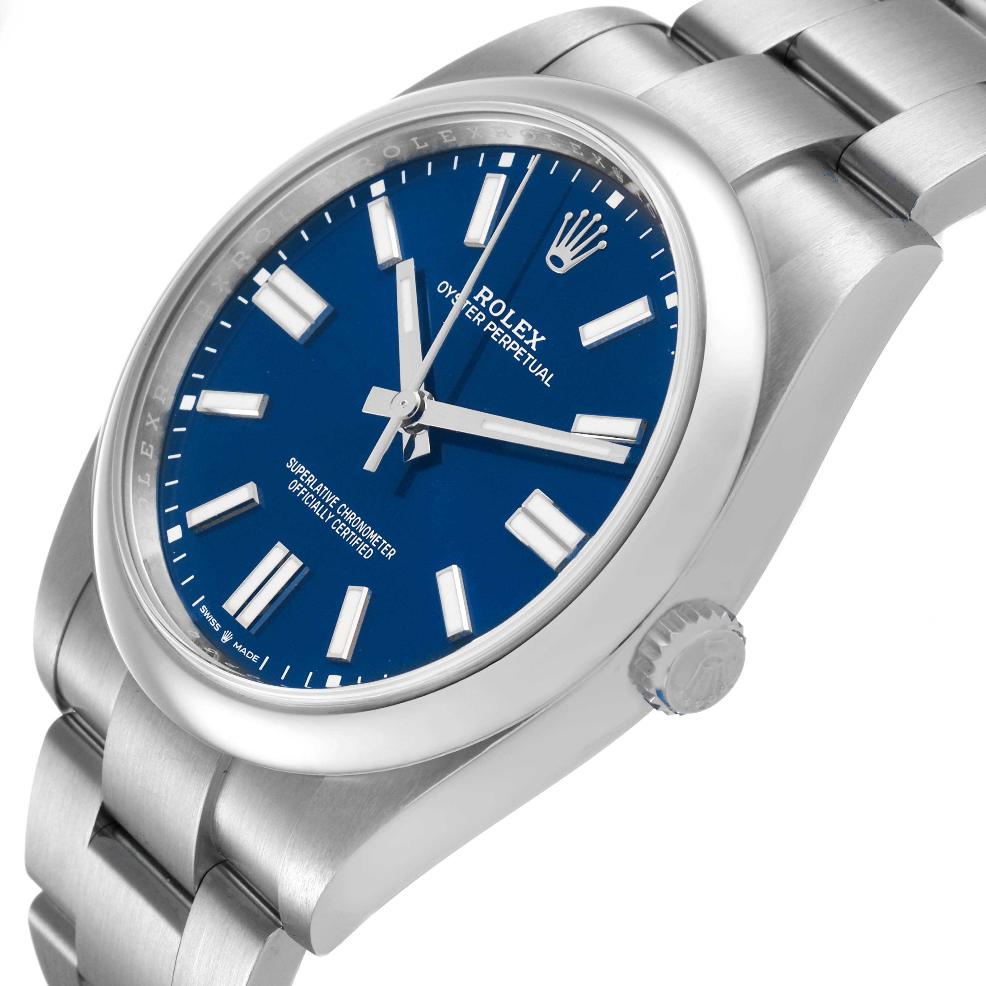 The Rolex Oyster Perpetual 124300 Men's Stainless Steel Blue Dial watch is shown at a slight angle, highlighting the dial, crown, and bracelet.