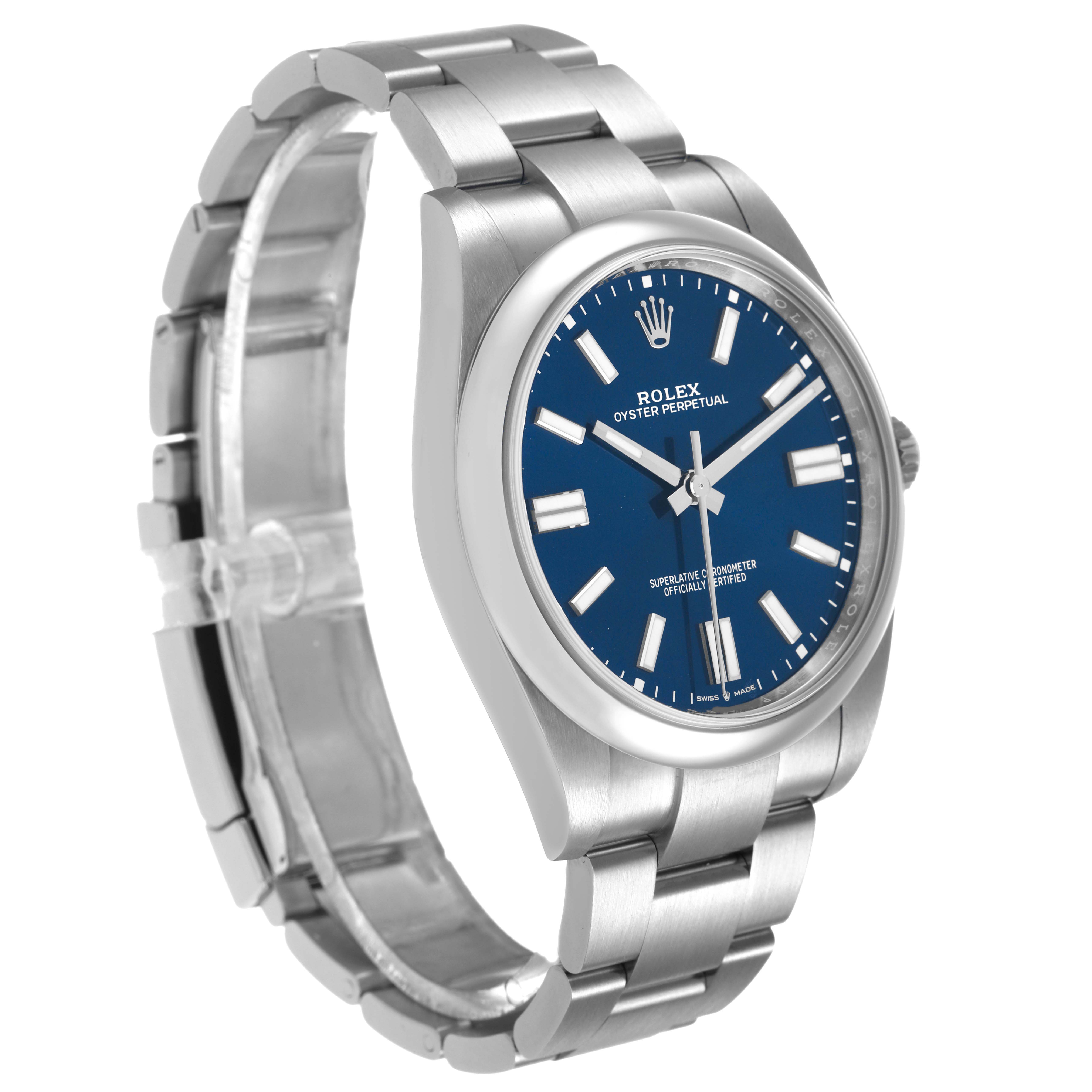 The Rolex Oyster Perpetual 124300 Men's Stainless Steel Blue Dial watch is shown at a three-quarter angle, displaying the face, bezel, bracelet, and crown.