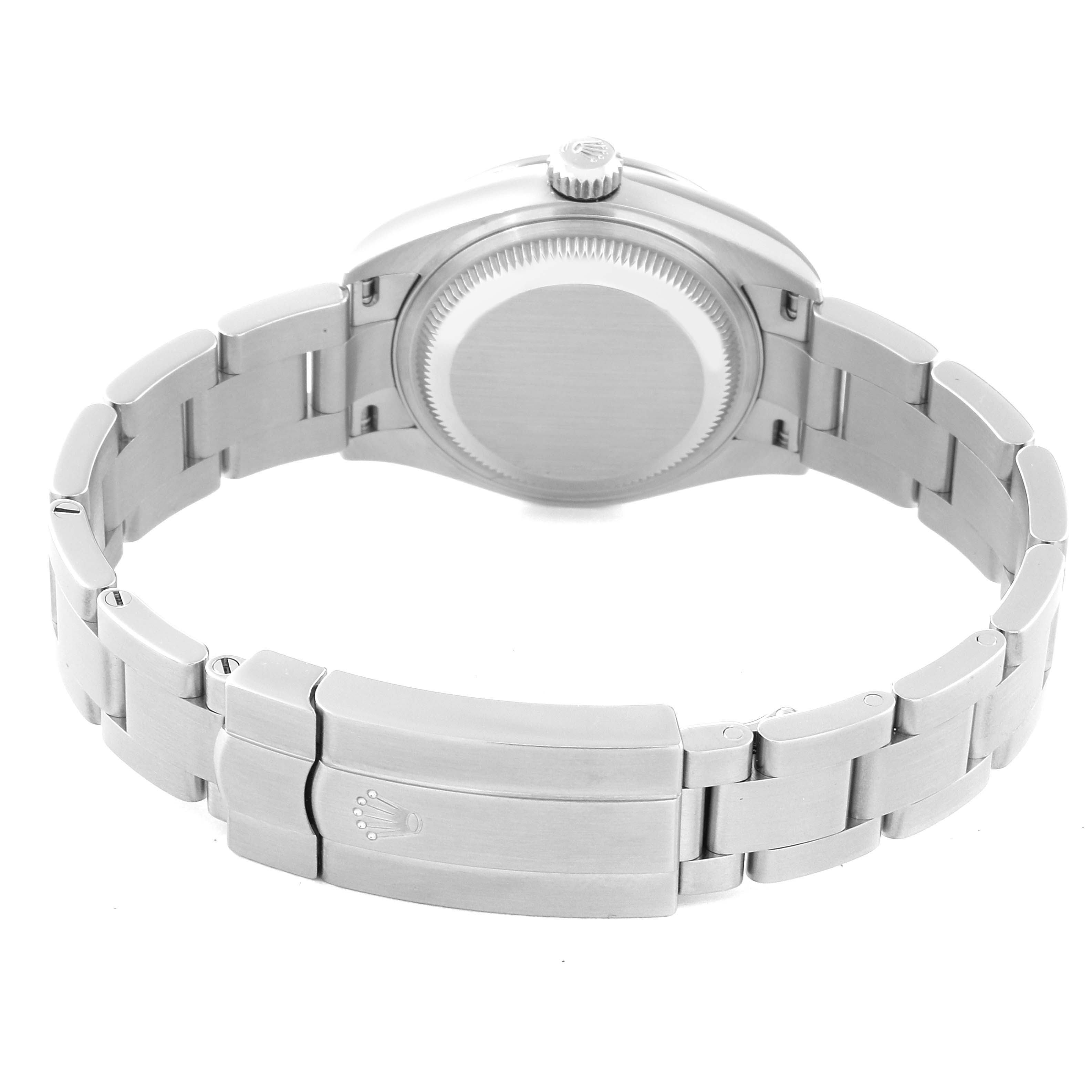 The image shows the back view and bracelet of a Rolex Oyster Perpetual 276200 Women's Stainless Steel Pink Dial 276200 Women's Stainless Steel Pink Dial watch, highlighting the clasp and case back.