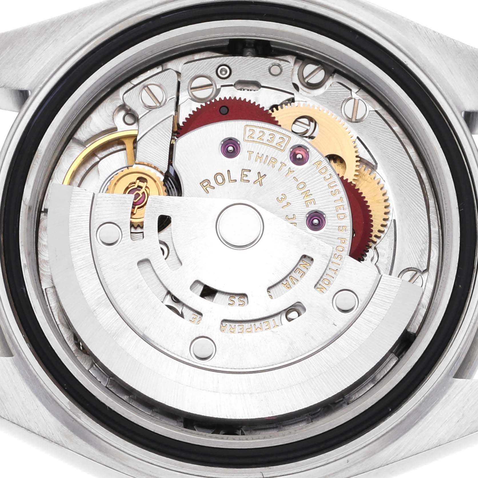 This image shows the inner mechanical movement components of a Rolex Oyster Perpetual 276200 Women's Stainless Steel Pink Dial 276200 Women's Stainless Steel Pink Dial watch.