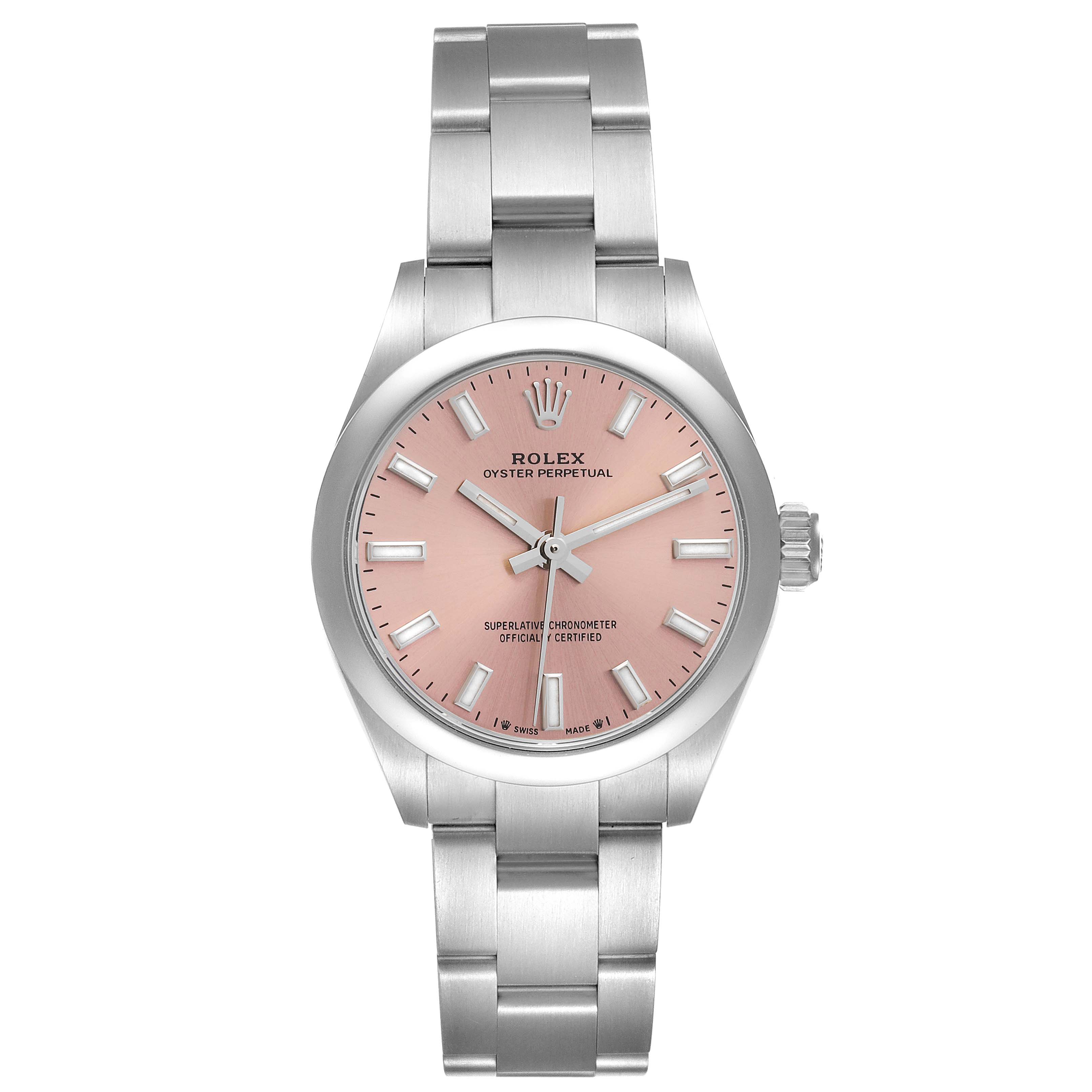 The Rolex Oyster Perpetual 276200 Women's Stainless Steel Pink Dial 276200 Women's Stainless Steel Pink Dial watch is shown from a top-down angle, displaying its entire face and stainless steel bracelet.