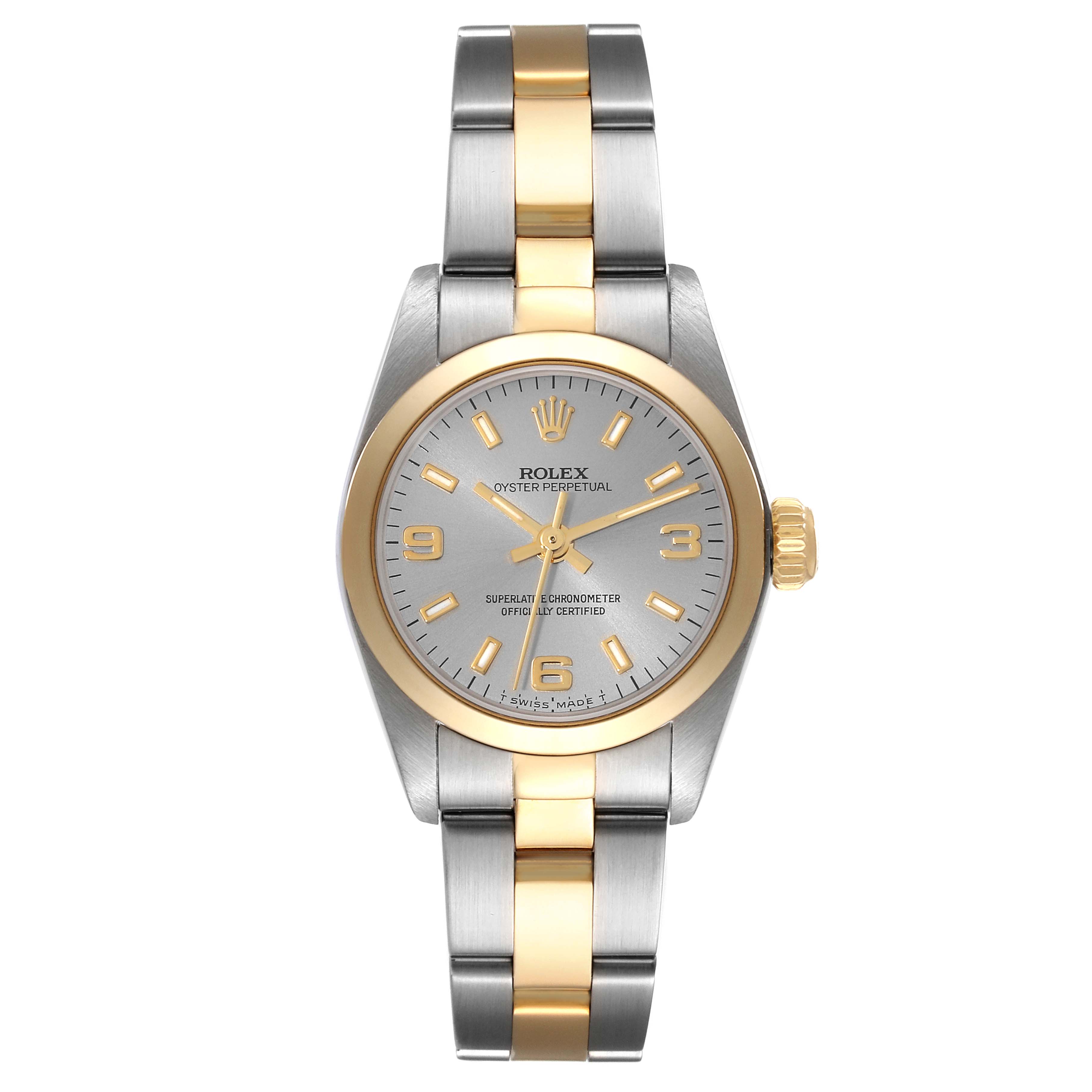 This image shows the front view of a Rolex Oyster Perpetual 67183 Women's Steel and Gold (two tone) Grey Dial 67183 Women's Steel and Gold (two tone) Grey Dial watch, highlighting the face, bezel, and bracelet.