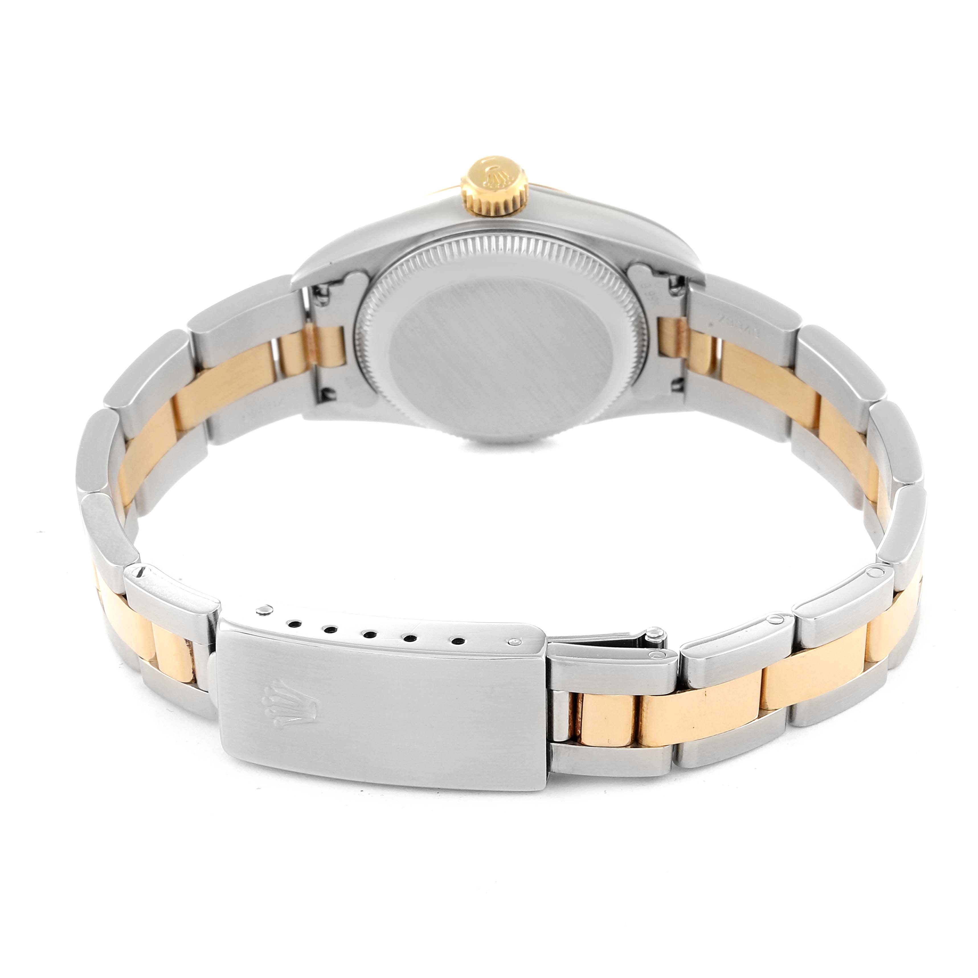 The image shows the back view of a Rolex Oyster Perpetual 67183 Women's Steel and Gold (two tone) Grey Dial 67183 Women's Steel and Gold (two tone) Grey Dial watch, highlighting the bracelet, clasp, and case back.