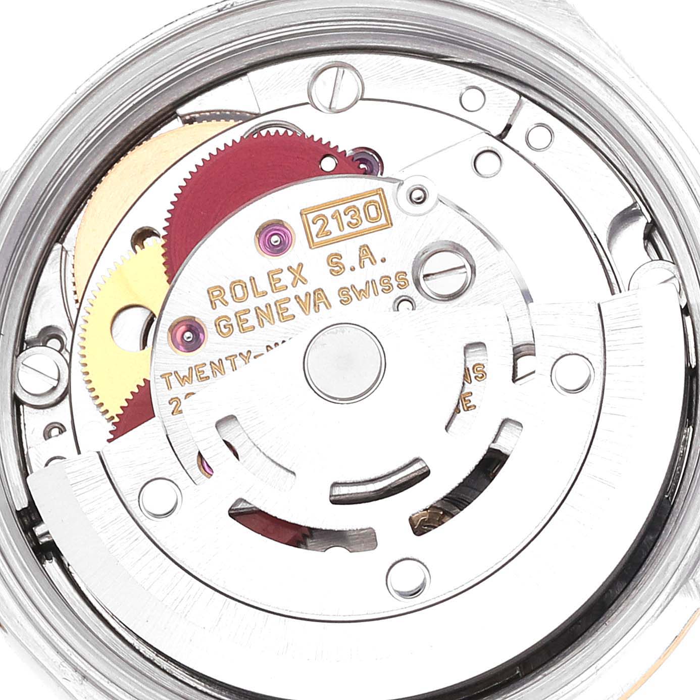 This image shows a close-up view of the movement mechanism of a Rolex Oyster Perpetual 67183 Women's Steel and Gold (two tone) Grey Dial 67183 Women's Steel and Gold (two tone) Grey Dial watch.