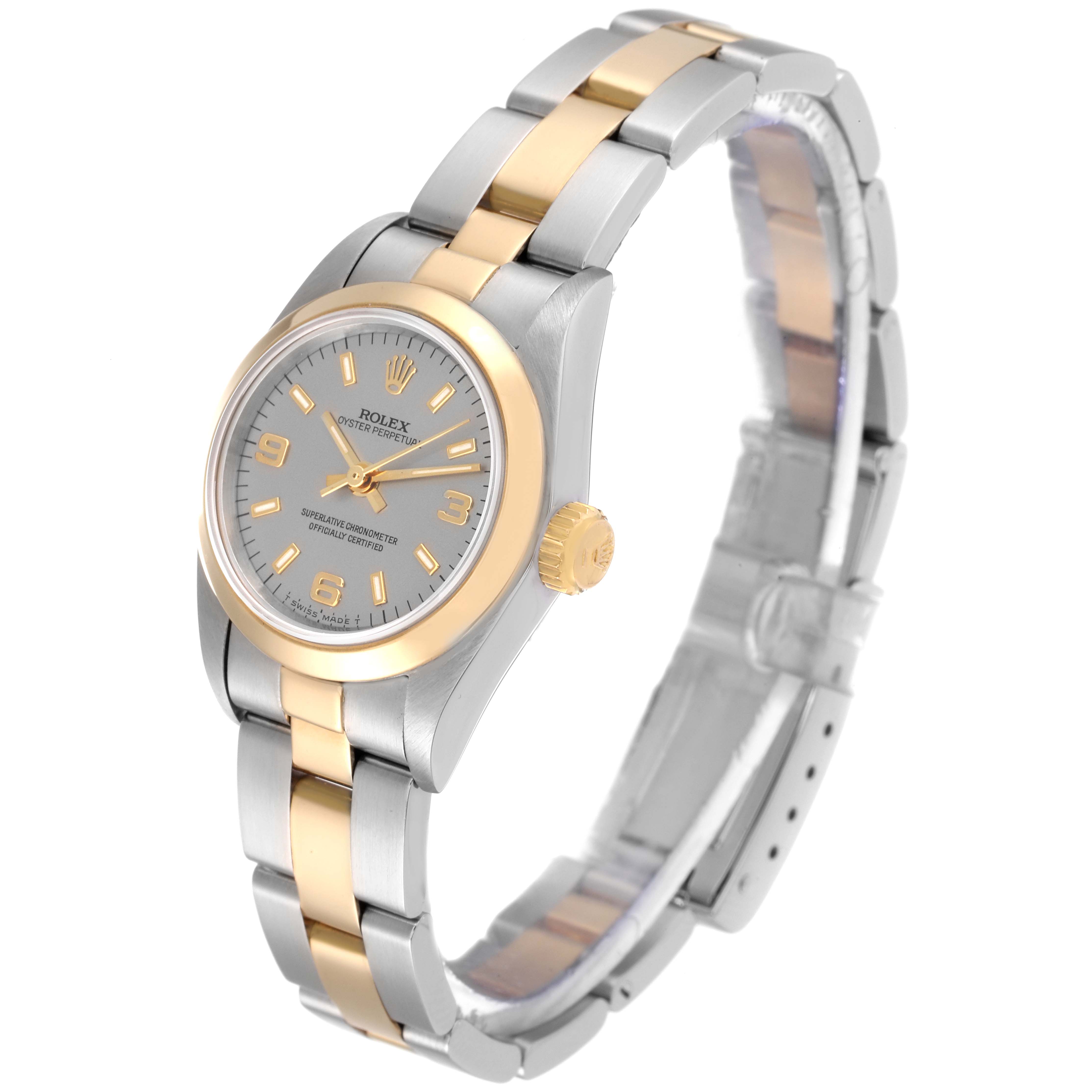 The image shows a Rolex Oyster Perpetual 67183 Women's Steel and Gold (two tone) Grey Dial 67183 Women's Steel and Gold (two tone) Grey Dial watch at a side-angle, highlighting the two-tone bracelet, dial, and crown.