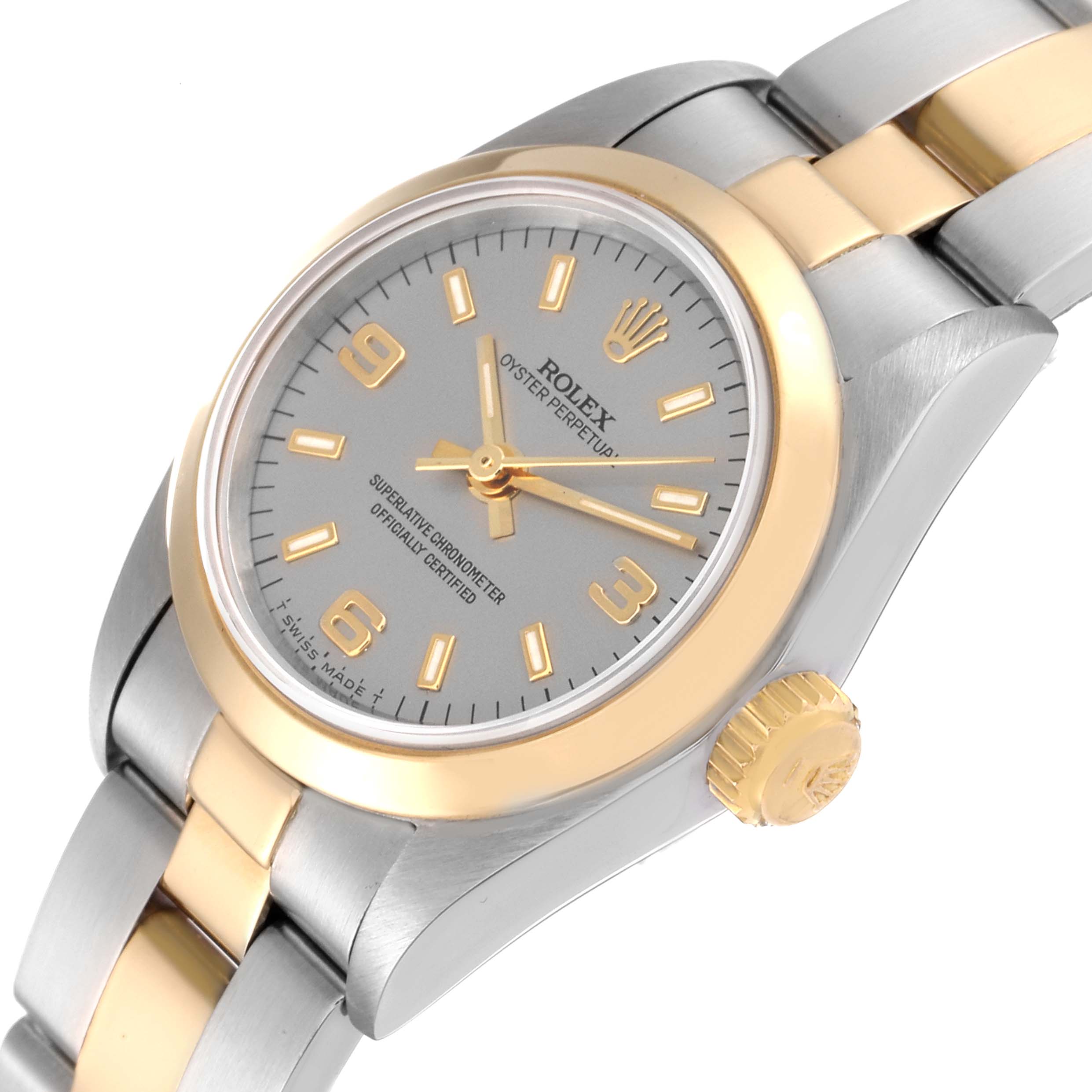 This image shows a Rolex Oyster Perpetual 67183 Women's Steel and Gold (two tone) Grey Dial 67183 Women's Steel and Gold (two tone) Grey Dial watch from an angled top view, highlighting the face, bezel, and part of the bracelet.