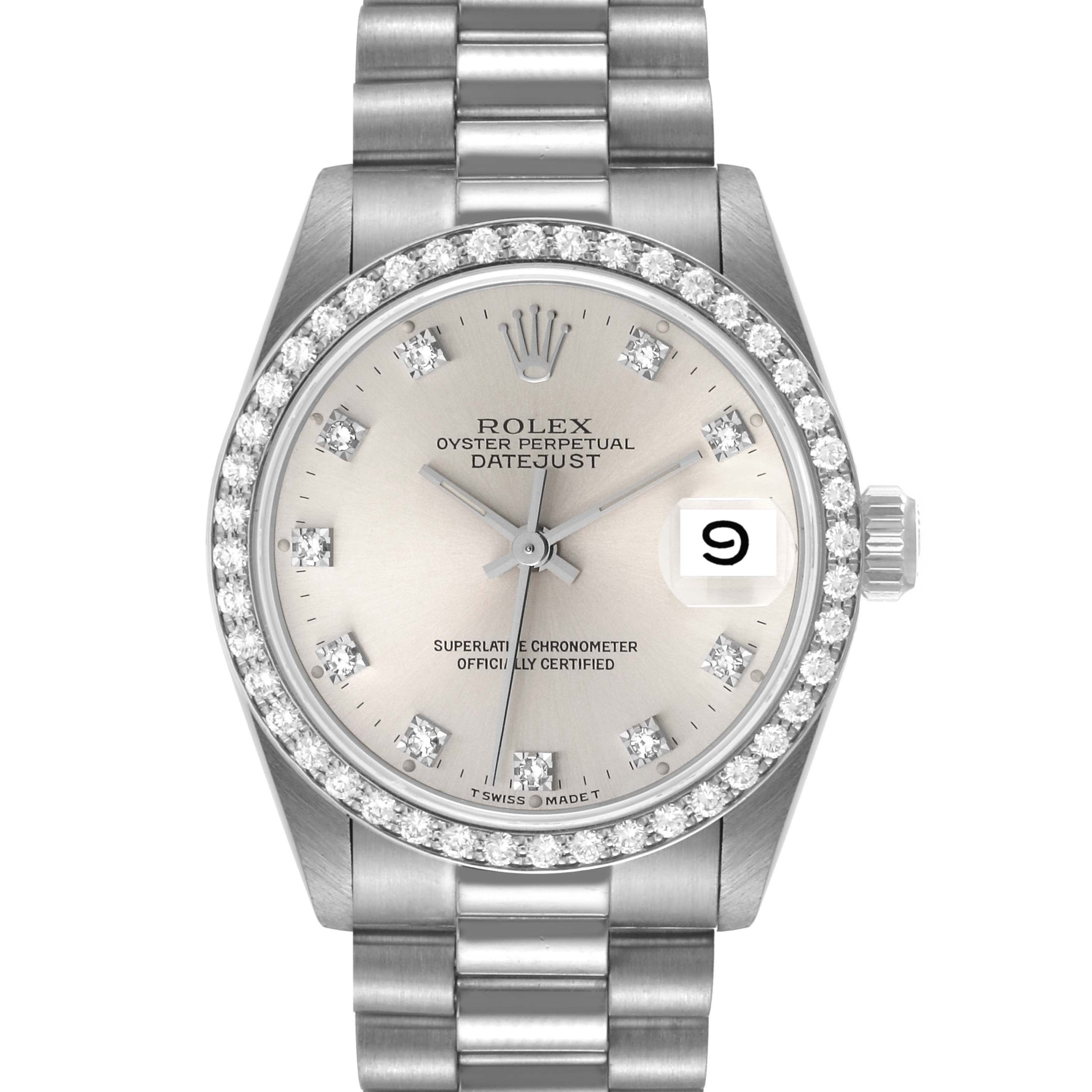 The Rolex President 68289 Women's White Gold Silver Dial 68289 Women's White Gold Silver Dial model watch is shown in a front view angle, highlighting its dial, diamond bezel, and bracelet.