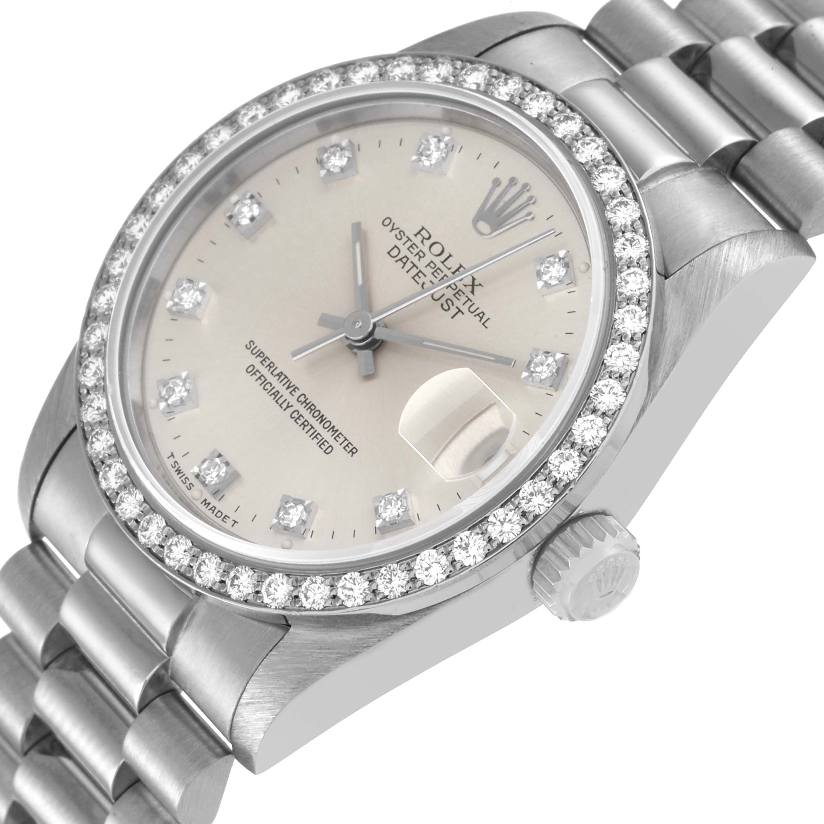 The image shows a close-up angle of the Rolex President 68289 Women's White Gold Silver Dial 68289 Women's White Gold Silver Dial model watch, highlighting its face, crown, and diamond-encrusted bezel.