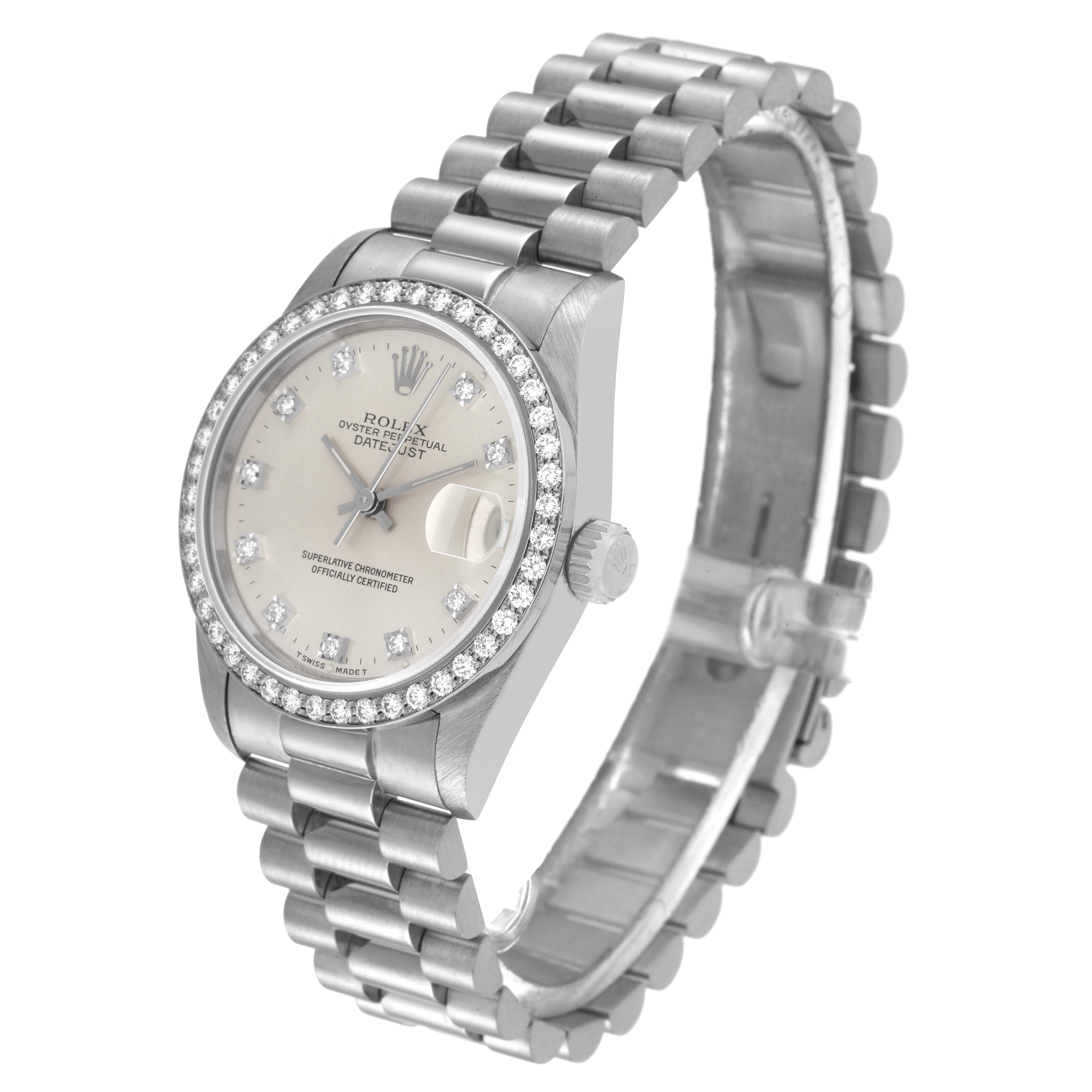 The Rolex President 68289 Women's White Gold Silver Dial 68289 Women's White Gold Silver Dial watch is shown at a slight angle, displaying its face, bezel, crown, and bracelet.