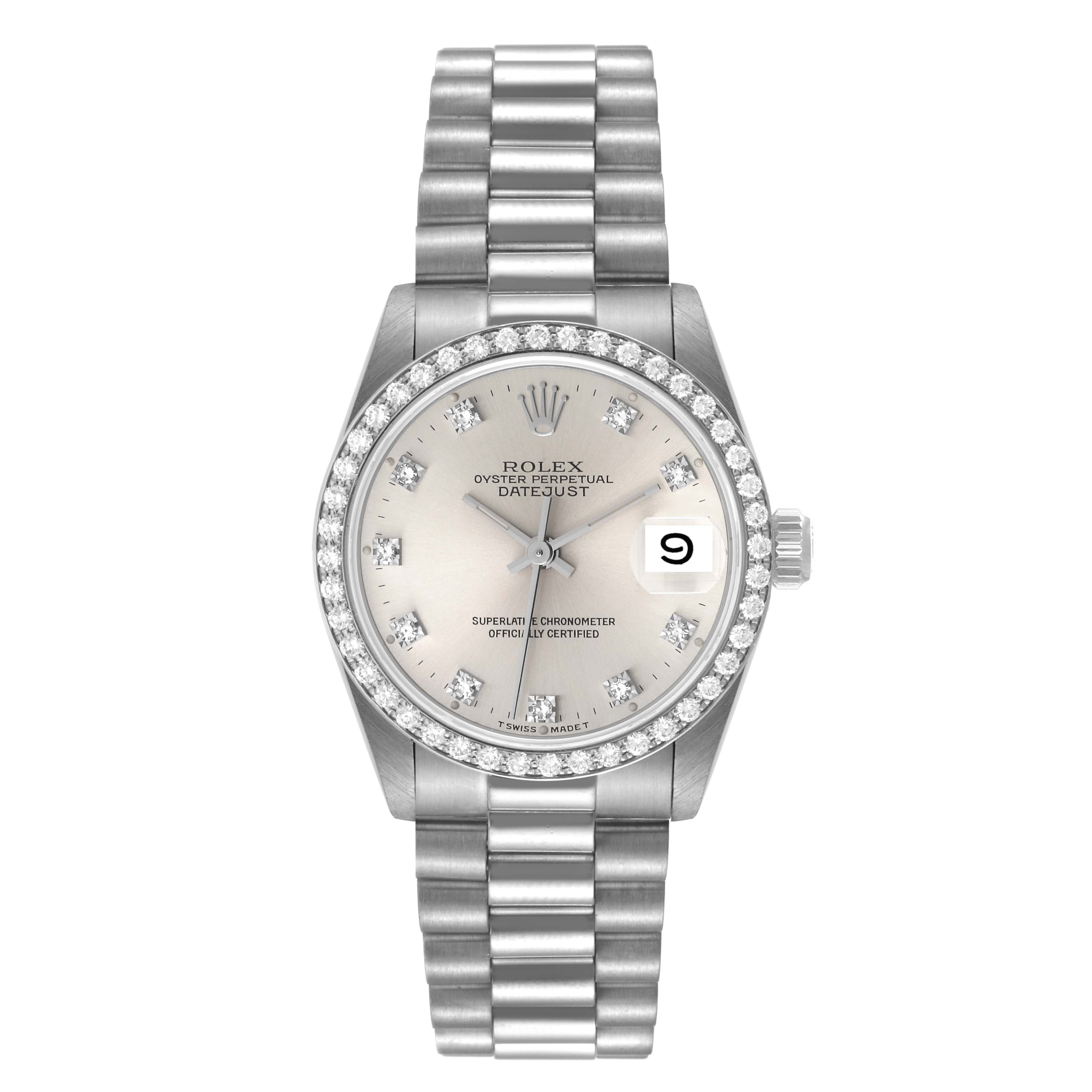 This image shows a front view of a Rolex President 68289 Women's White Gold Silver Dial 68289 Women's White Gold Silver Dial model watch, displaying its dial, bezel, and bracelet.