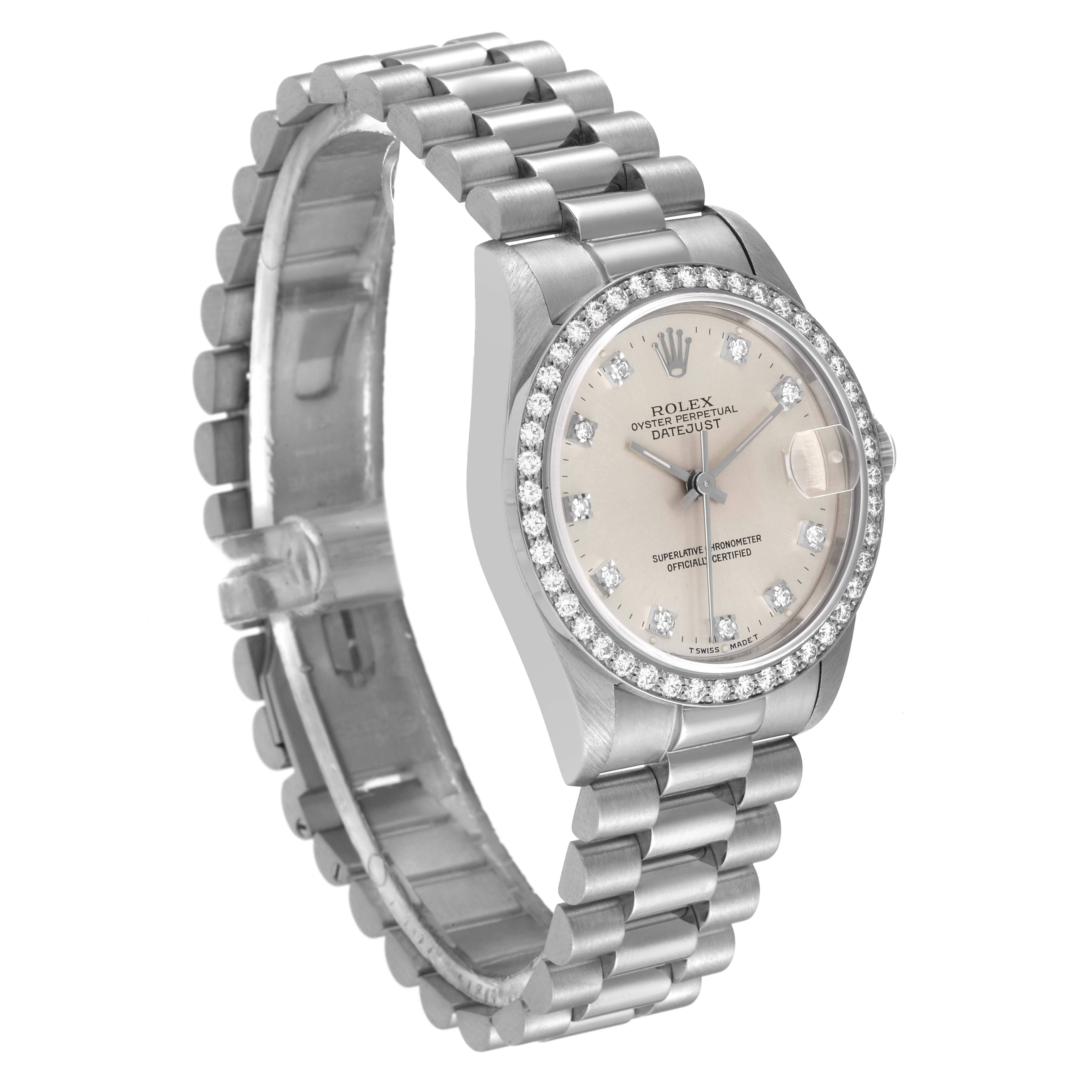 The image shows a Rolex President 68289 Women's White Gold Silver Dial 68289 Women's White Gold Silver Dial model watch from an angled view, highlighting the face, bezel, and bracelet.