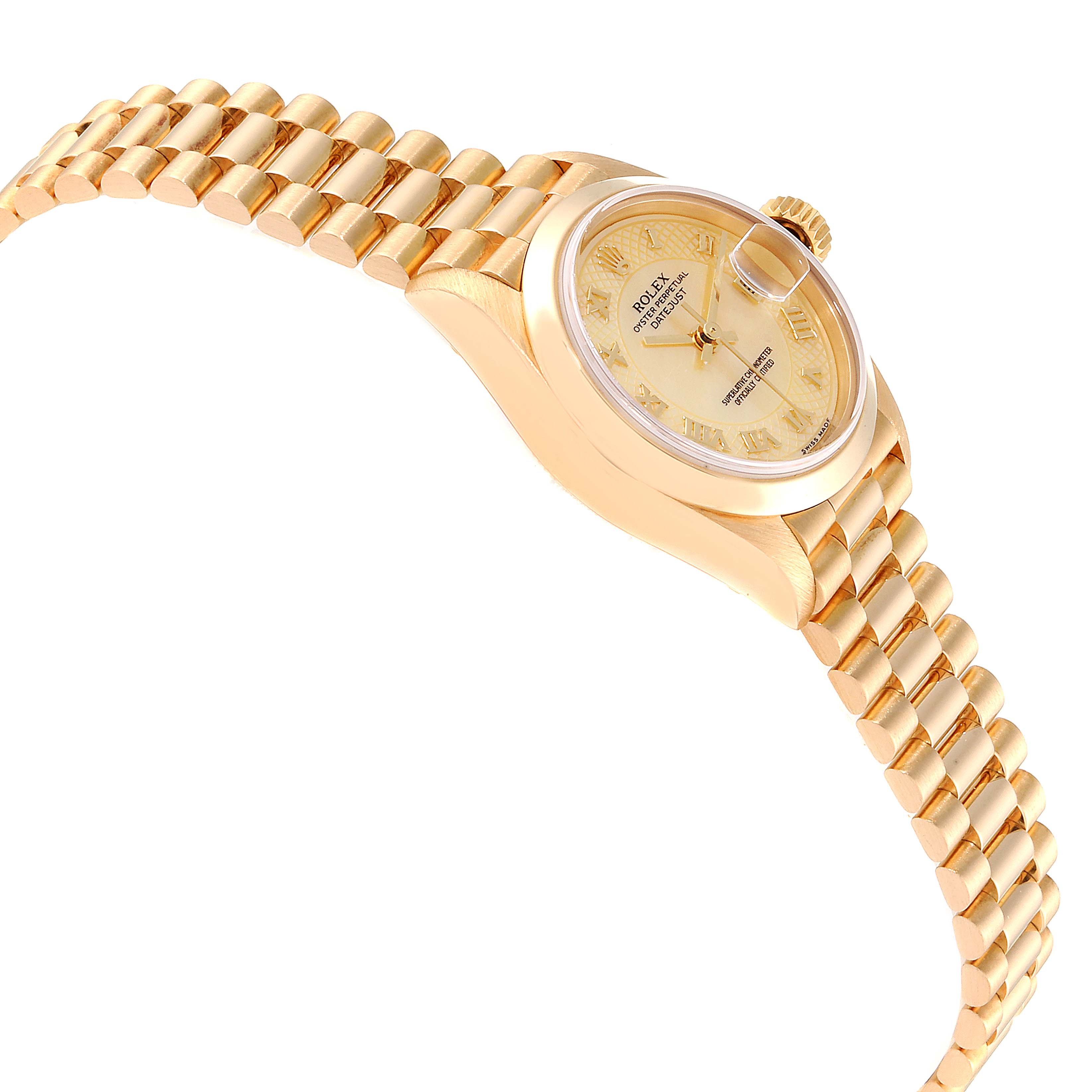 The Rolex President 79168 Women
s Yellow Gold Mother of Pearl Dial 79168 Women
s Yellow Gold Mother of Pearl Dial model watch is shown from a side angle, highlighting its gold bracelet, case, and dial.