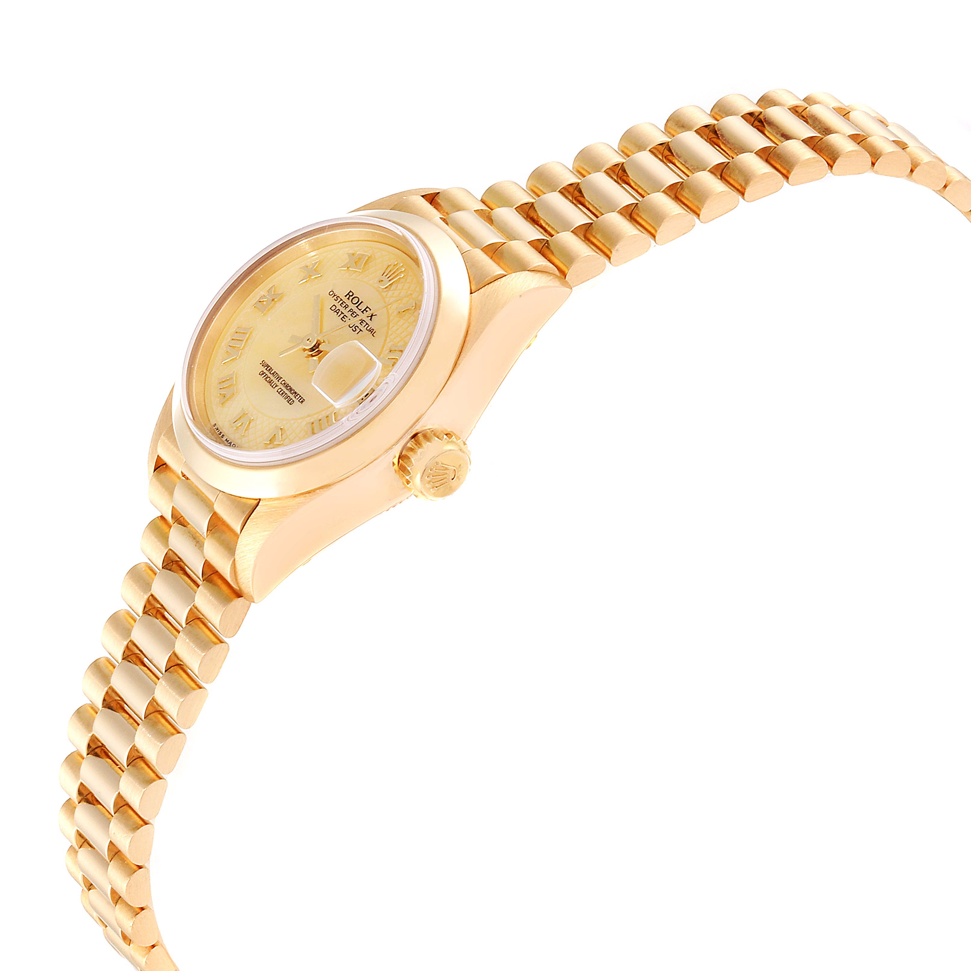 This image shows a side view of a Rolex President 79168 Women
s Yellow Gold Mother of Pearl Dial 79168 Women
s Yellow Gold Mother of Pearl Dial model watch, highlighting its gold case, dial, bracelet, and crown.