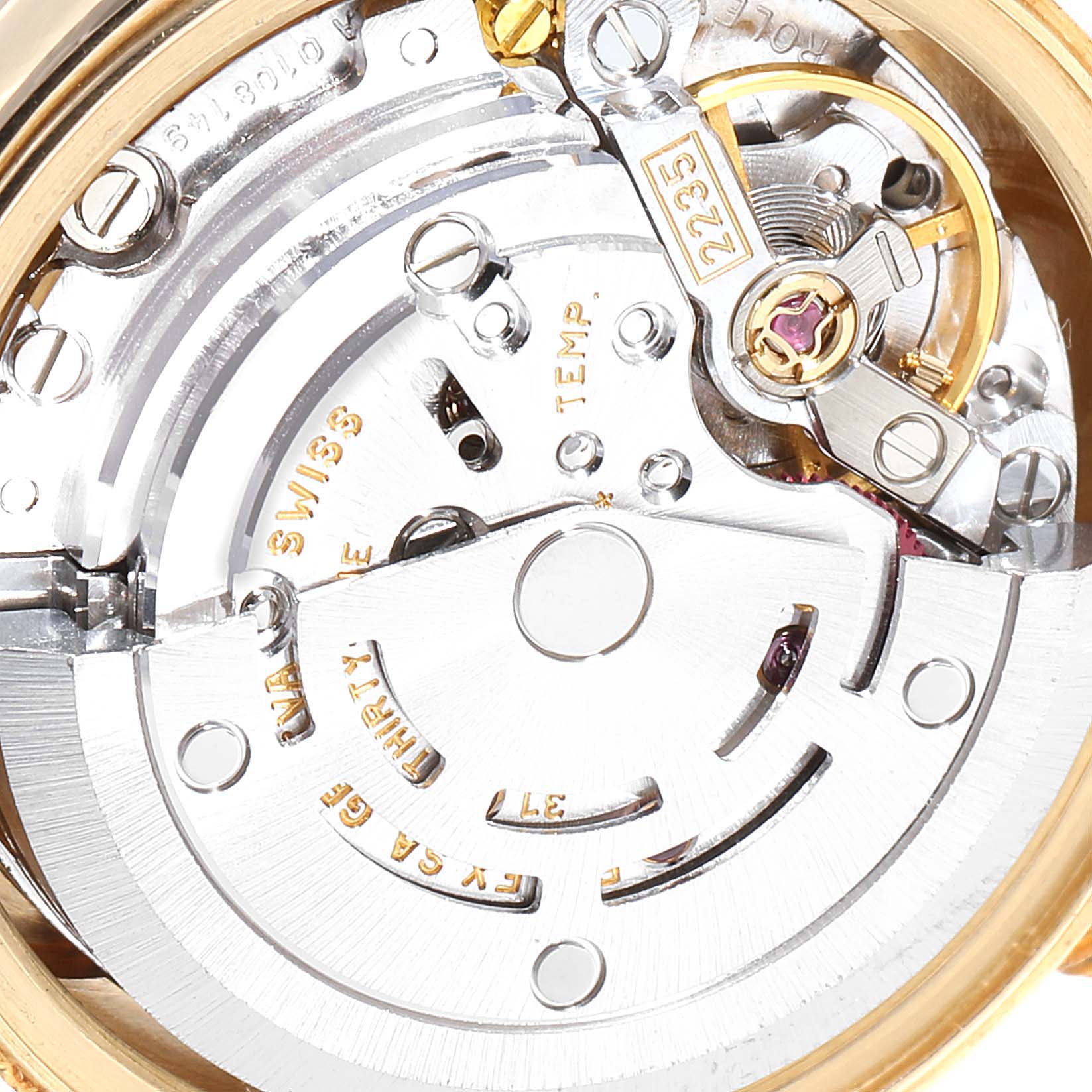 This image shows the internal mechanical movement of a Rolex President 79168 Women
s Yellow Gold Mother of Pearl Dial 79168 Women
s Yellow Gold Mother of Pearl Dial model watch.