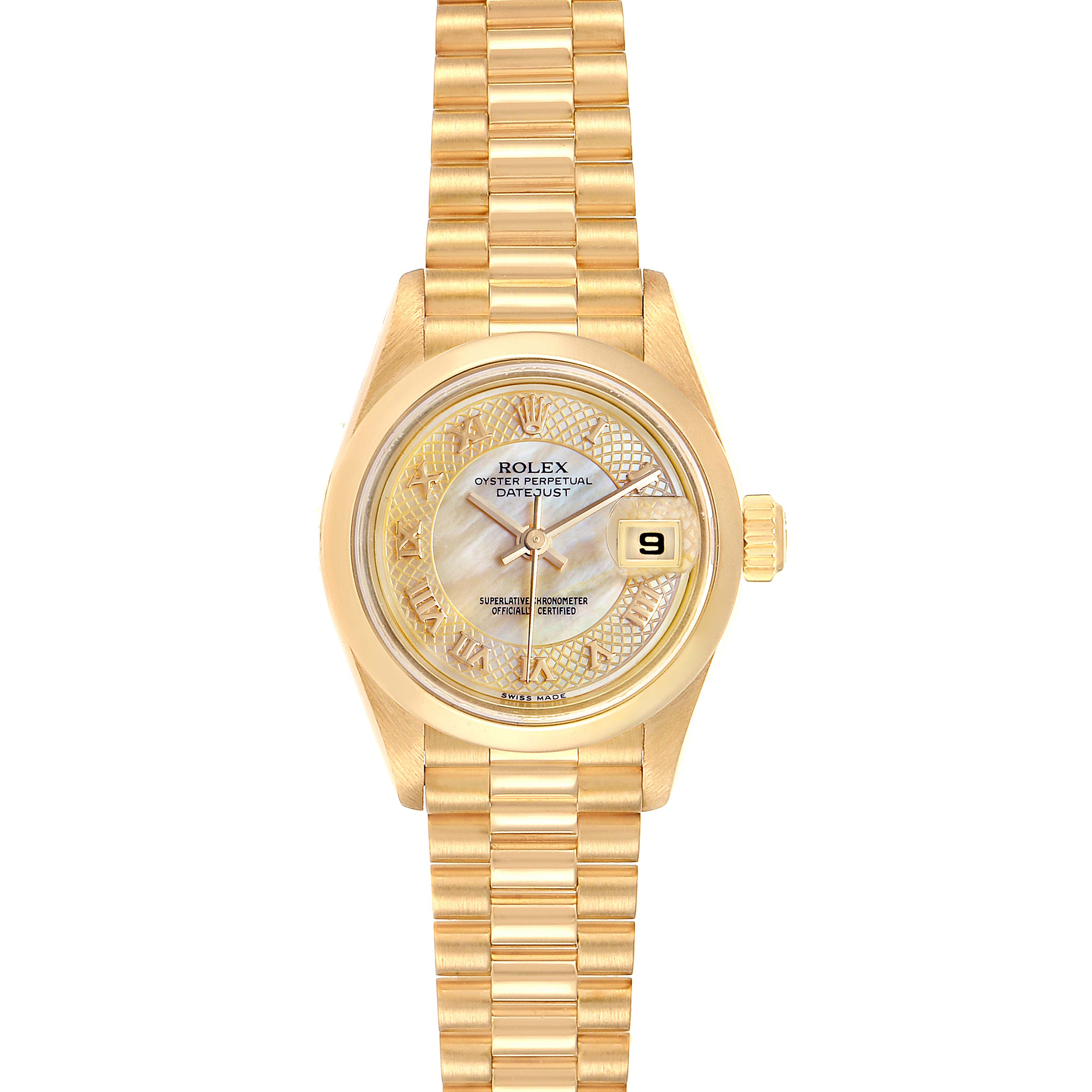This image shows a Rolex President 79168 Women
s Yellow Gold Mother of Pearl Dial 79168 Women
s Yellow Gold Mother of Pearl Dial model watch, focusing on the dial, case, and bracelet from a top-down angle.