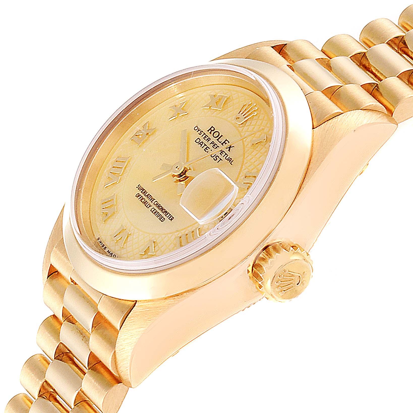 This image shows a close-up side angle of a Rolex President 79168 Women
s Yellow Gold Mother of Pearl Dial 79168 Women
s Yellow Gold Mother of Pearl Dial model watch, highlighting the dial, crown, and part of the bracelet.