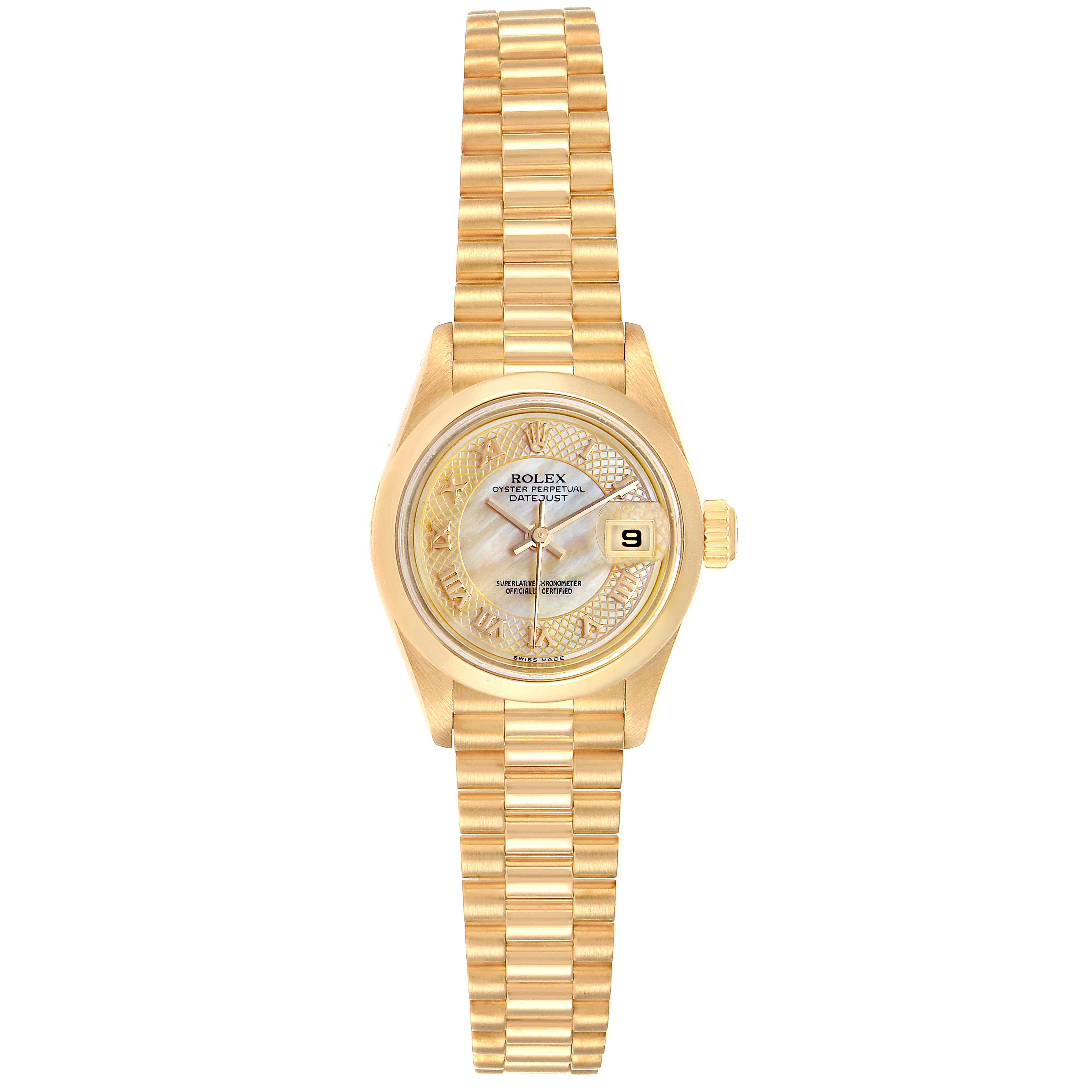 This image shows a full frontal view of a Rolex President 79168 Women
s Yellow Gold Mother of Pearl Dial 79168 Women
s Yellow Gold Mother of Pearl Dial model watch, including the dial, bezel, case, and bracelet.
