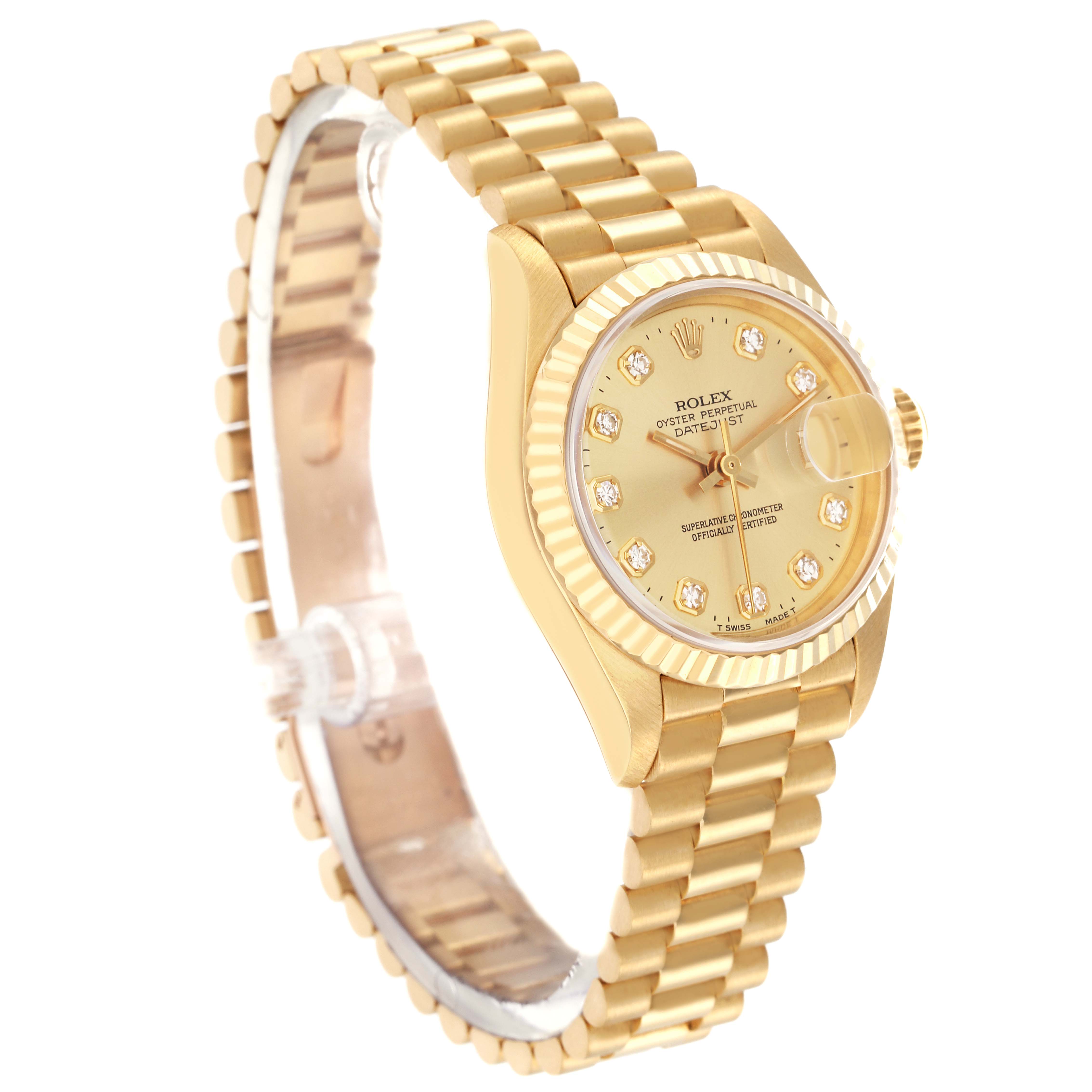 The Rolex President 69178 Women
s Yellow Gold Champagne Dial 69178 Women
s Yellow Gold Champagne Dial model is shown at a three-quarter angle, displaying the dial, fluted bezel, and bracelet.