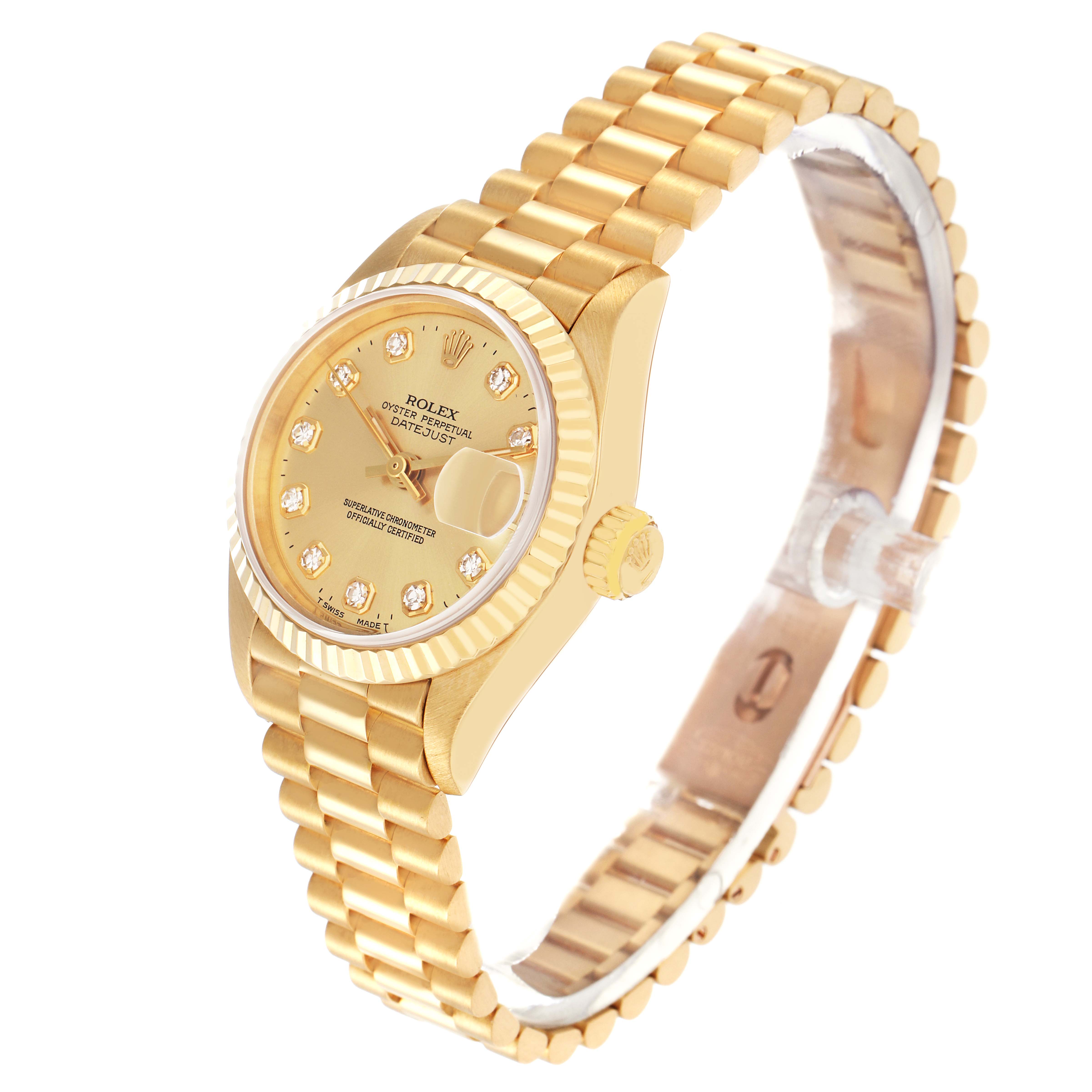 The Rolex President 69178 Women
s Yellow Gold Champagne Dial 69178 Women
s Yellow Gold Champagne Dial watch is shown at an angled top-side view, displaying the dial, crown, and bracelet.