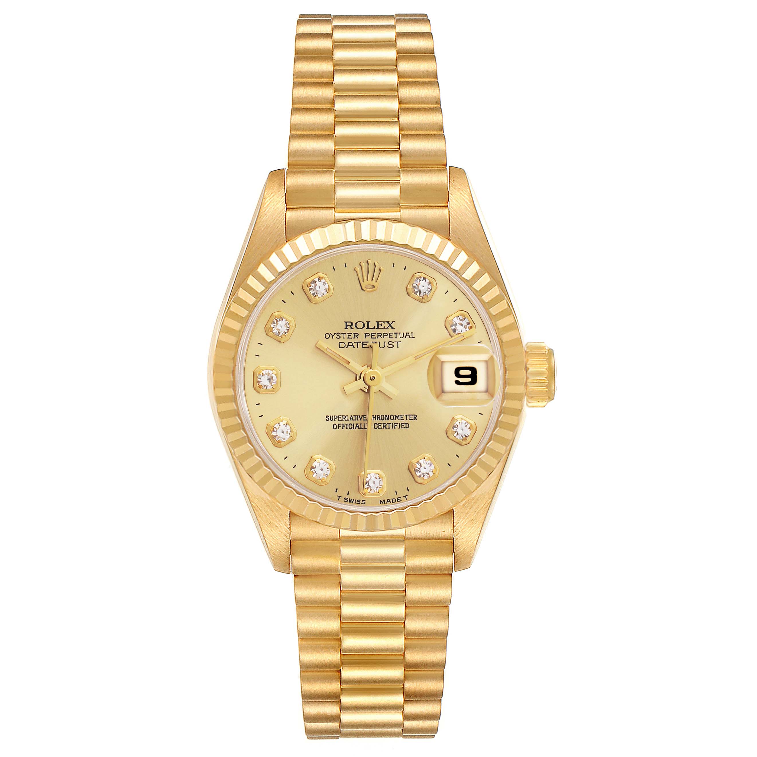This Rolex President 69178 Women
s Yellow Gold Champagne Dial 69178 Women
s Yellow Gold Champagne Dial model watch is shown from a top-down angle, displaying the face, bezel, and bracelet.