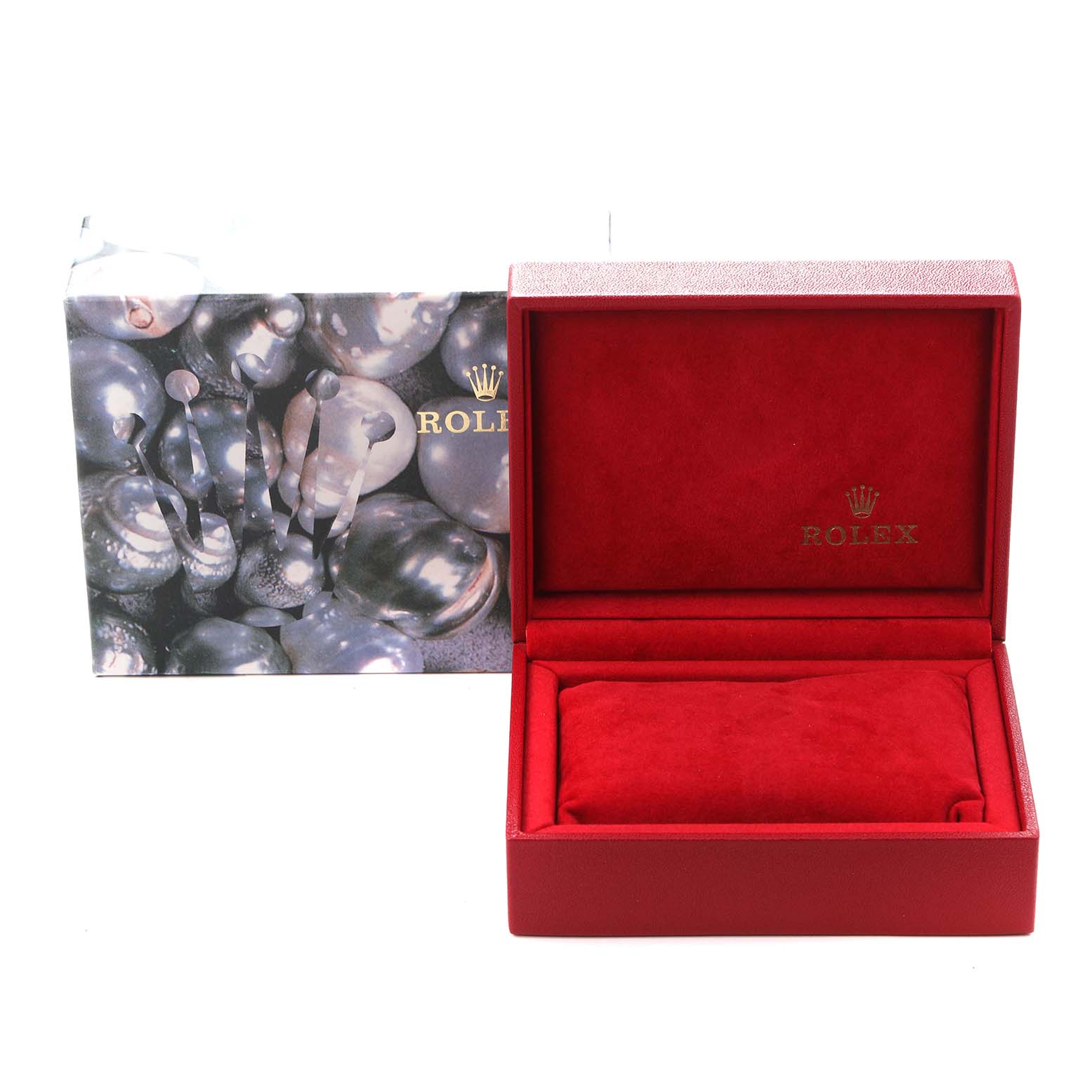 The image shows a red Rolex President 69178 Women
s Yellow Gold Champagne Dial 69178 Women
s Yellow Gold Champagne Dial model watch box and outer packaging, viewed from the front.