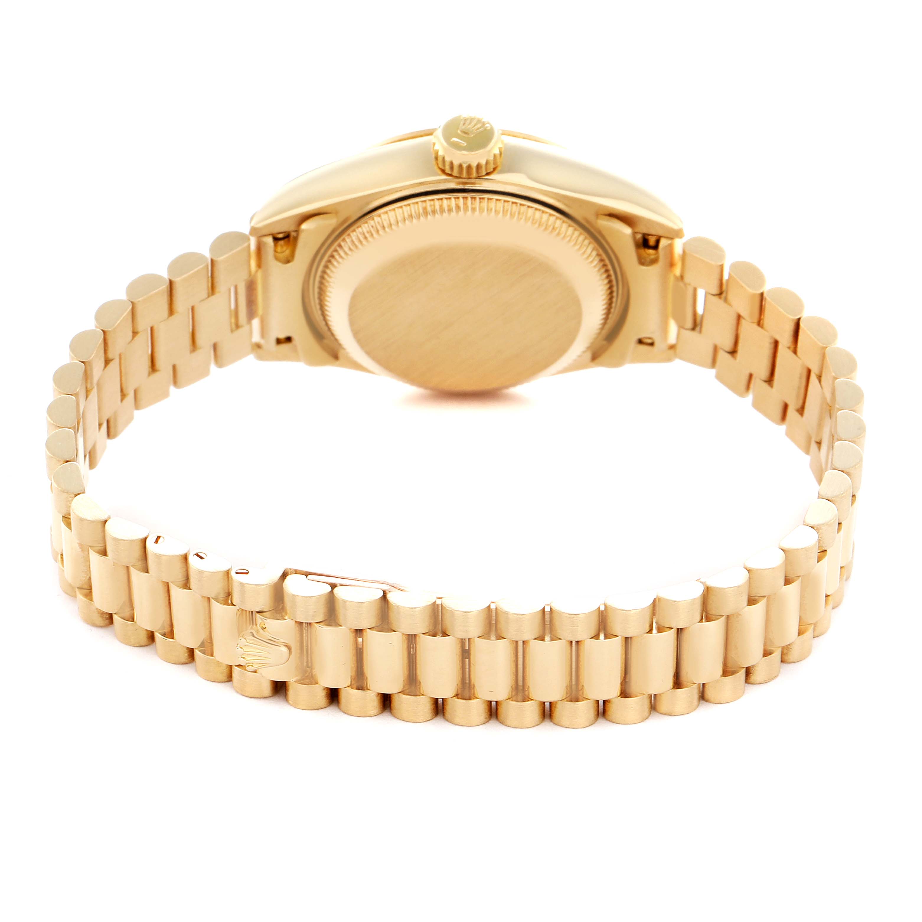 The Rolex President 69178 Women
s Yellow Gold Champagne Dial 69178 Women
s Yellow Gold Champagne Dial watch is shown from a rear angle, displaying the case back, bracelet, and clasp with the logo.