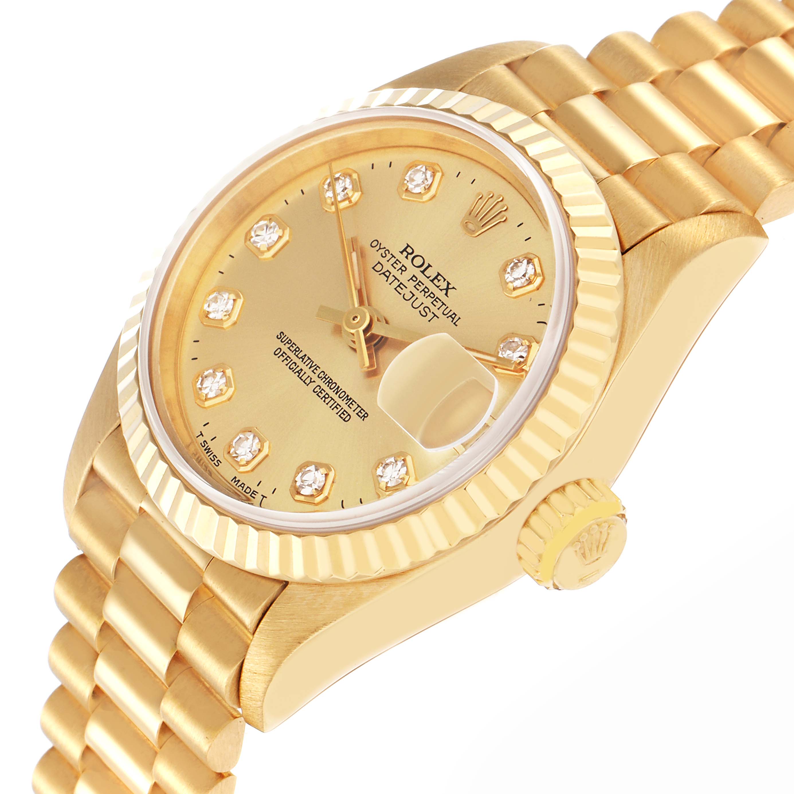 The Rolex President 69178 Women
s Yellow Gold Champagne Dial 69178 Women
s Yellow Gold Champagne Dial model is shown from an angled close-up, highlighting the gold dial, fluted bezel, diamond markers, crown, and bracelet.