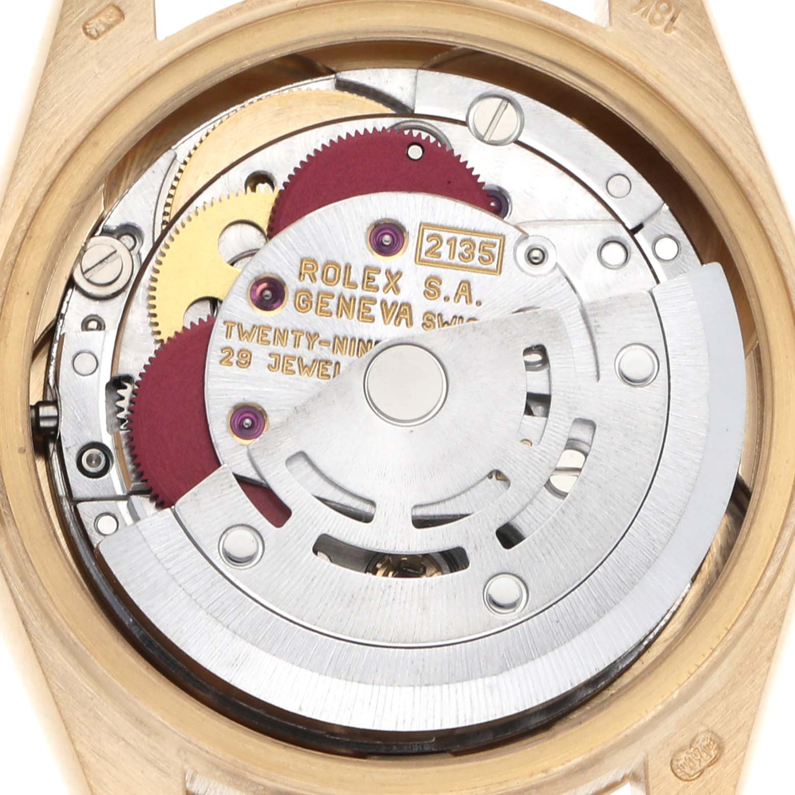This image shows the movement of a Rolex President 69178 Women
s Yellow Gold Champagne Dial 69178 Women
s Yellow Gold Champagne Dial model, highlighting gears and the rotor from a top-down angle.