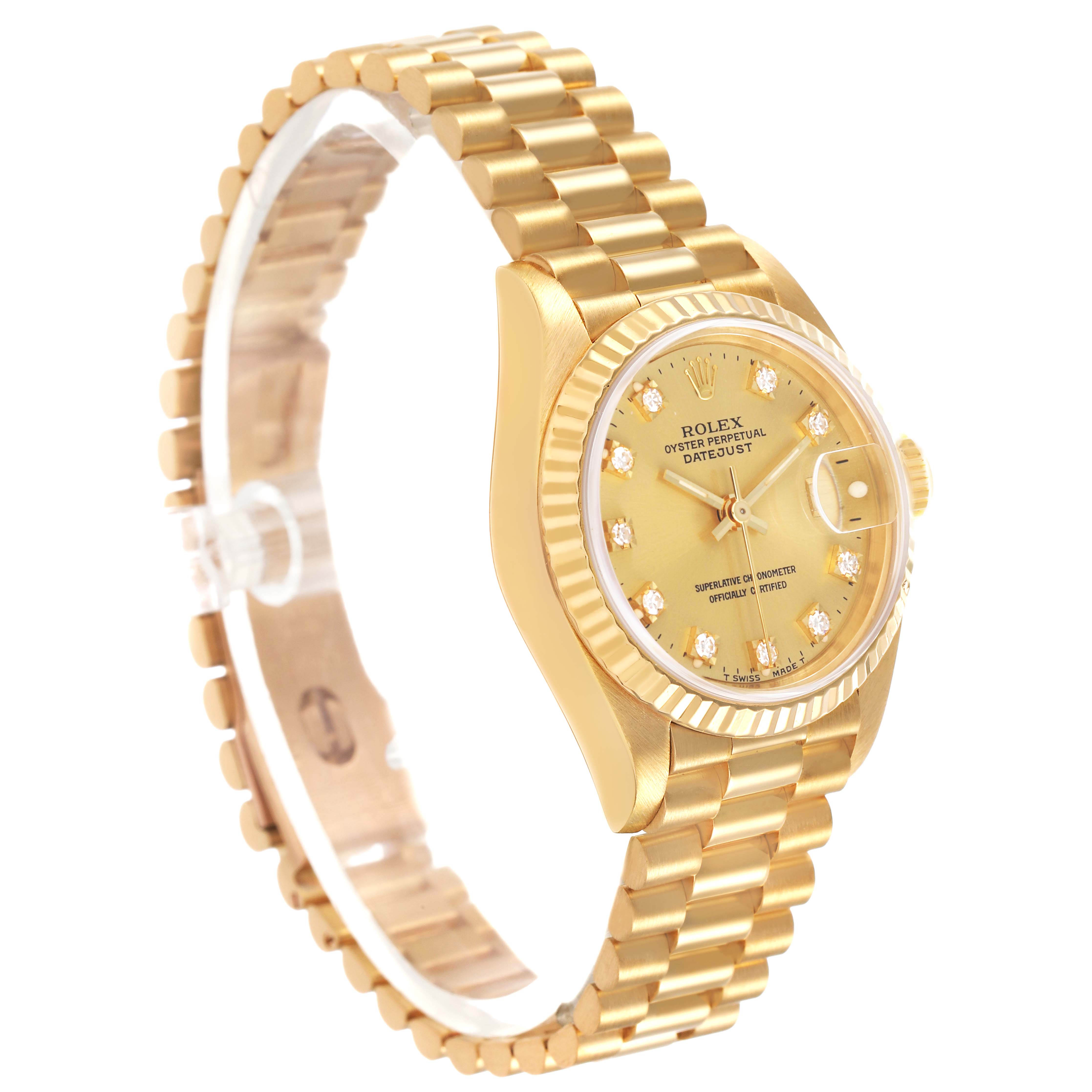 The Rolex Datejust 69178 Women's Yellow Gold Champagne Dial watch is shown at a three-quarter angle, highlighting the gold bracelet, dial, and fluted bezel.