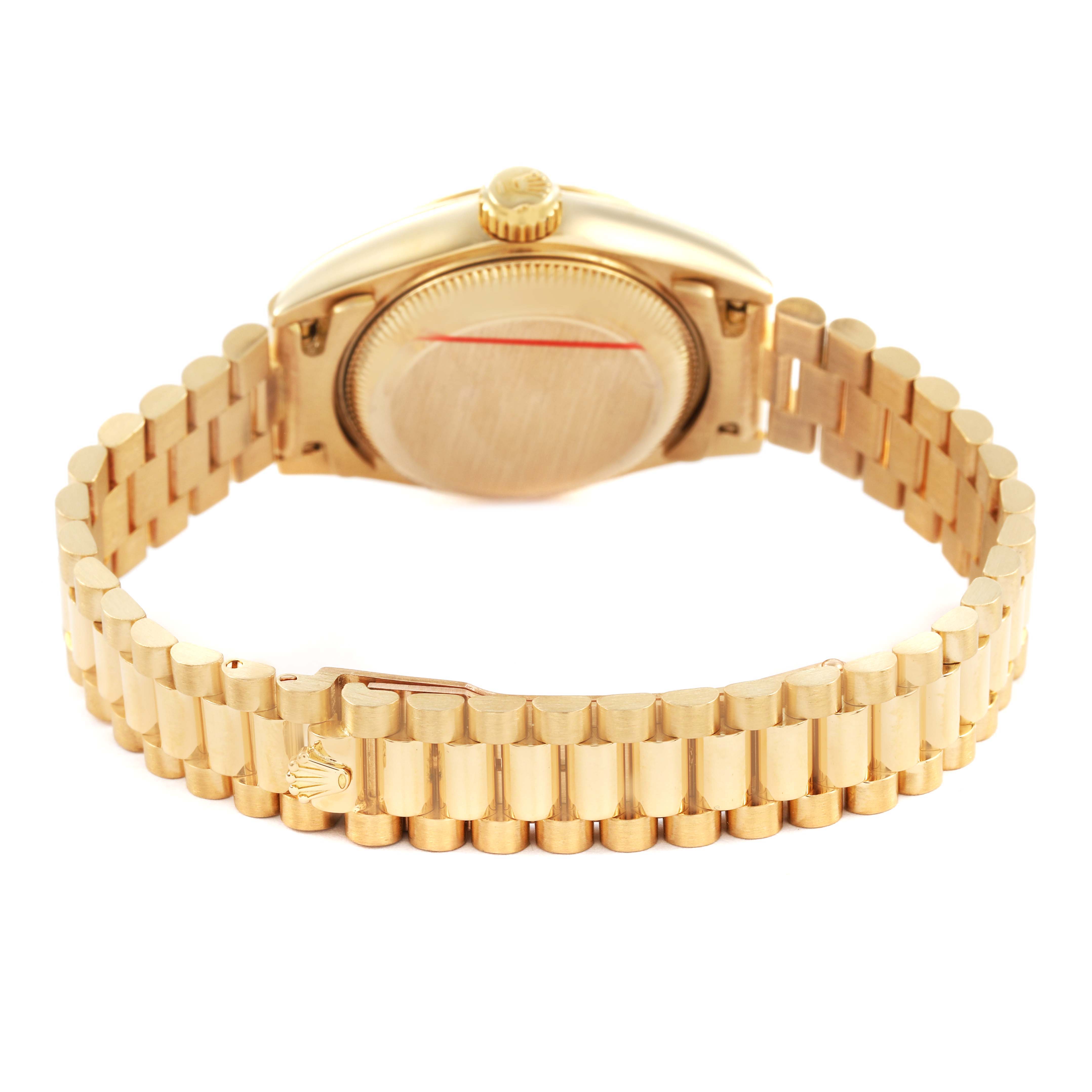 The image shows the back case and bracelet of a Rolex Datejust 69178 Women's Yellow Gold Champagne Dial, viewed from the rear angle.