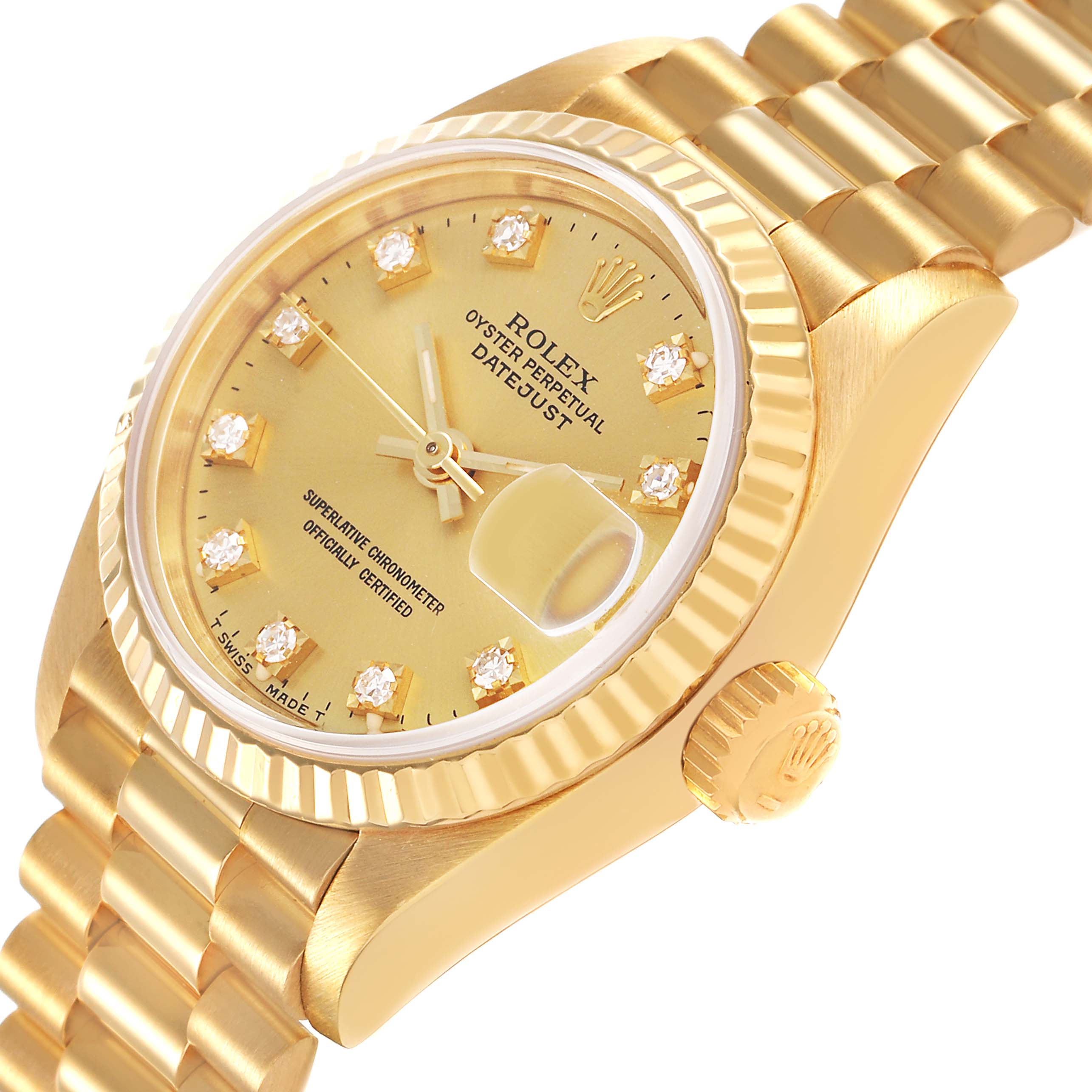 The Rolex Datejust 69178 Women's Yellow Gold Champagne Dial watch is shown at a three-quarter angle, highlighting the dial, fluted bezel, and bracelet.