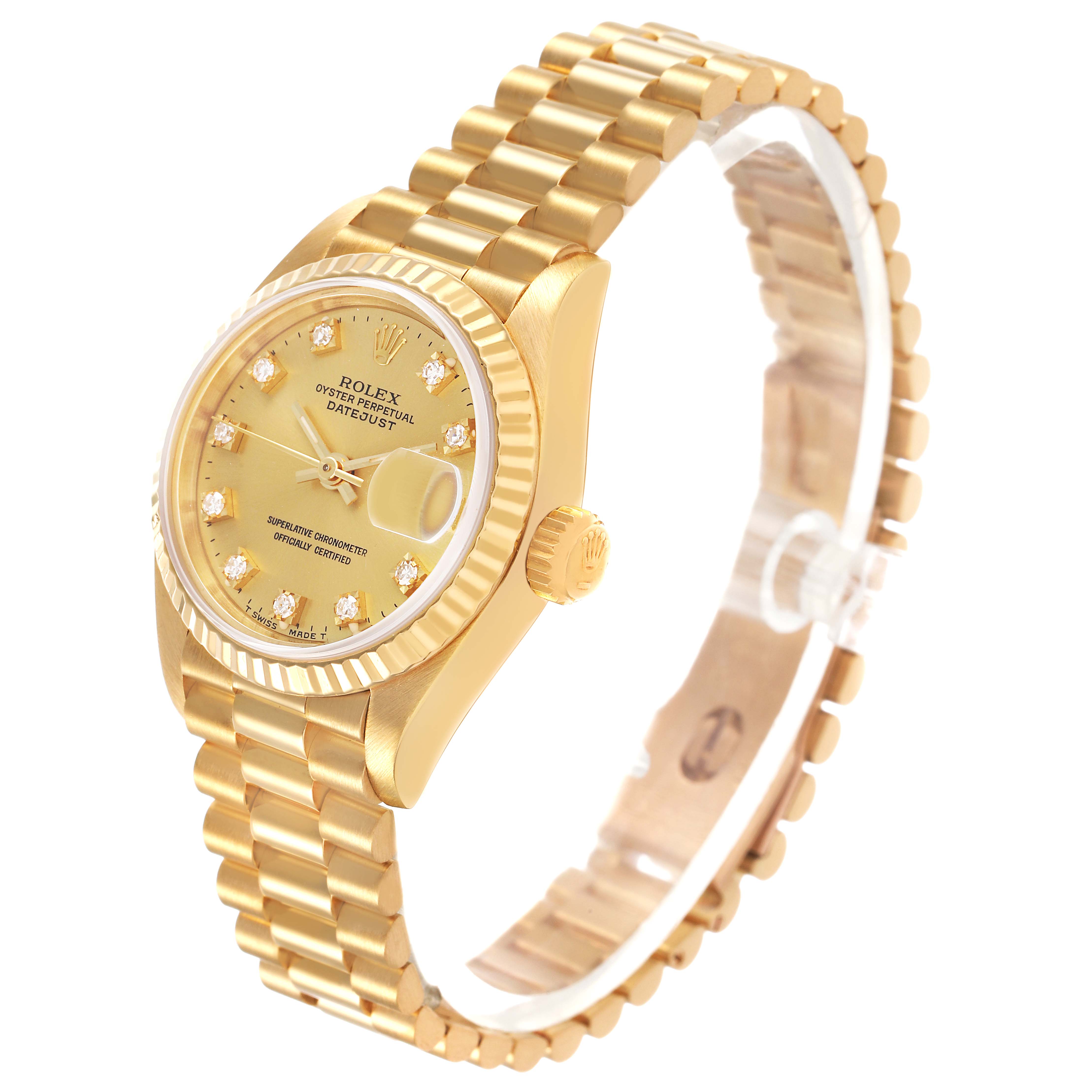 The Rolex Datejust 69178 Women's Yellow Gold Champagne Dial watch is shown at a three-quarter angle, highlighting the gold case, dial, bracelet, and crown.