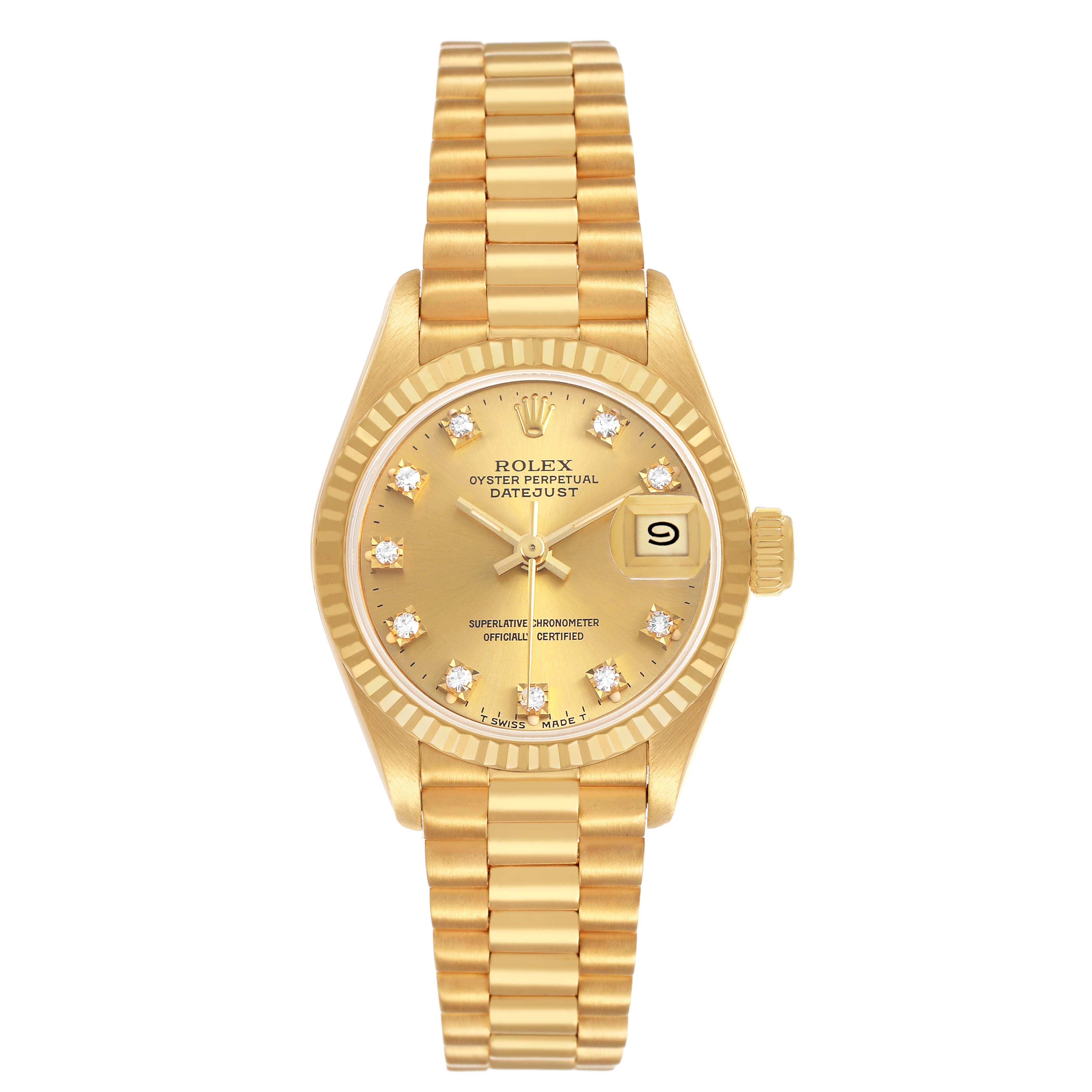 The Rolex Datejust 69178 Women's Yellow Gold Champagne Dial watch is shown from a front angle, displaying the dial, bezel, bracelet, and crown.