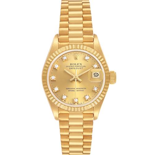 The image shows a Rolex Datejust 69178 Women's Yellow Gold Champagne Dial watch from the front, highlighting its bracelet, bezel, dial, and date indicator.