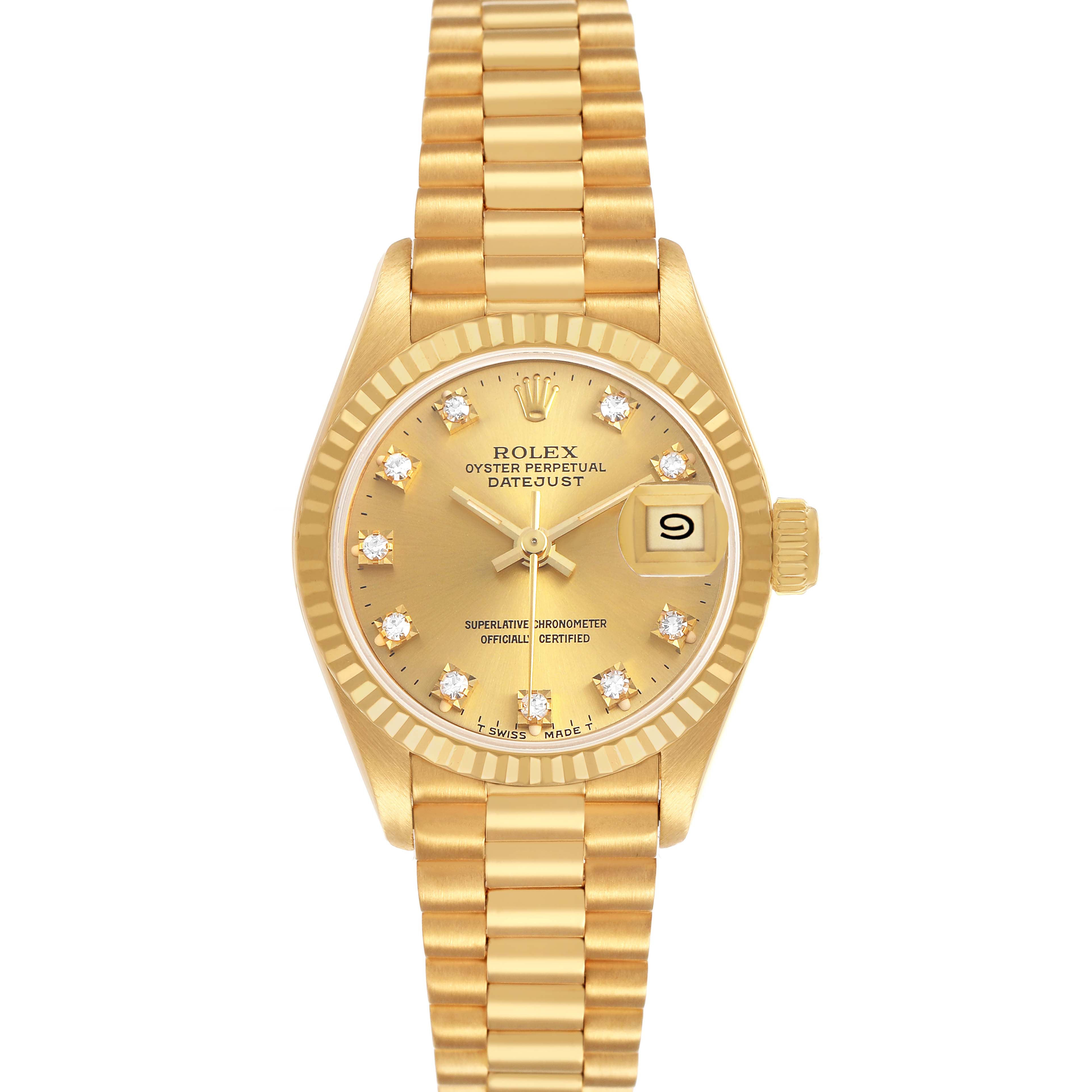 The Rolex Datejust 69178 Women's Yellow Gold Champagne Dial watch is shown from a top view, displaying the dial, bezel, bracelet, and date window.