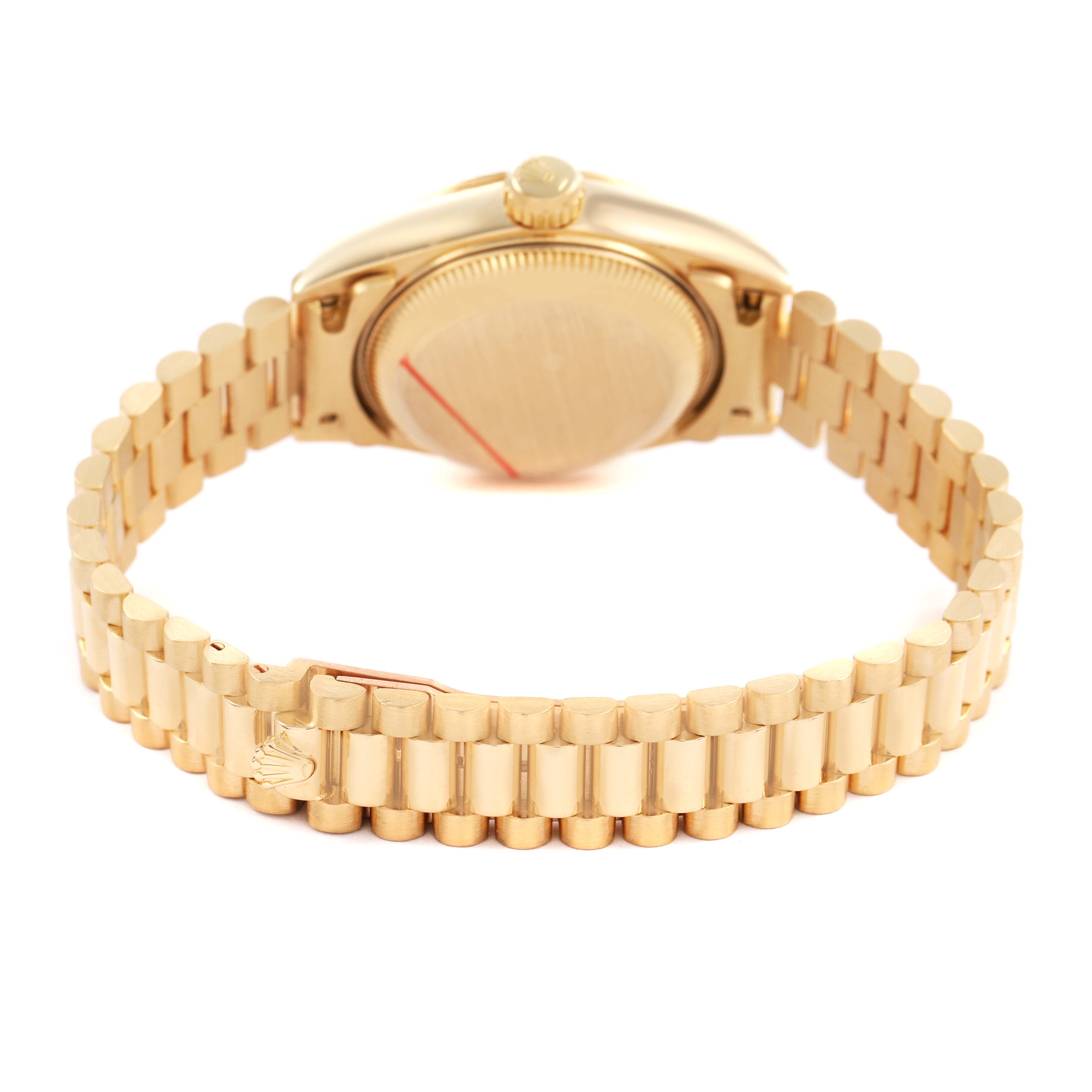 The image shows the back view of a Rolex President 69178 Women's Yellow Gold Champagne Dial model watch, highlighting the case back and gold bracelet.