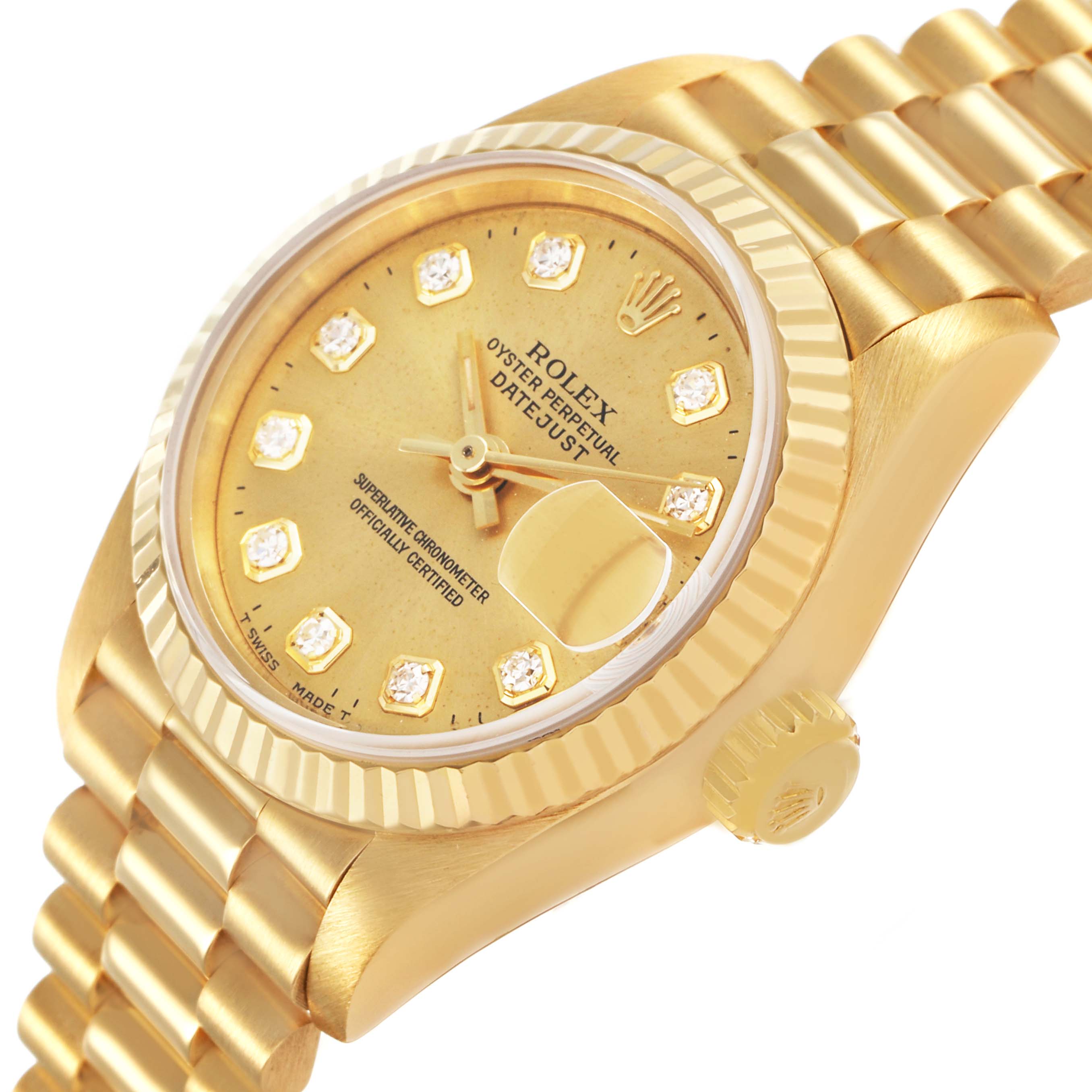 The image shows a Rolex President 69178 Women's Yellow Gold Champagne Dial model watch angled from the side, highlighting the gold case, bracelet, and diamond hour markers.