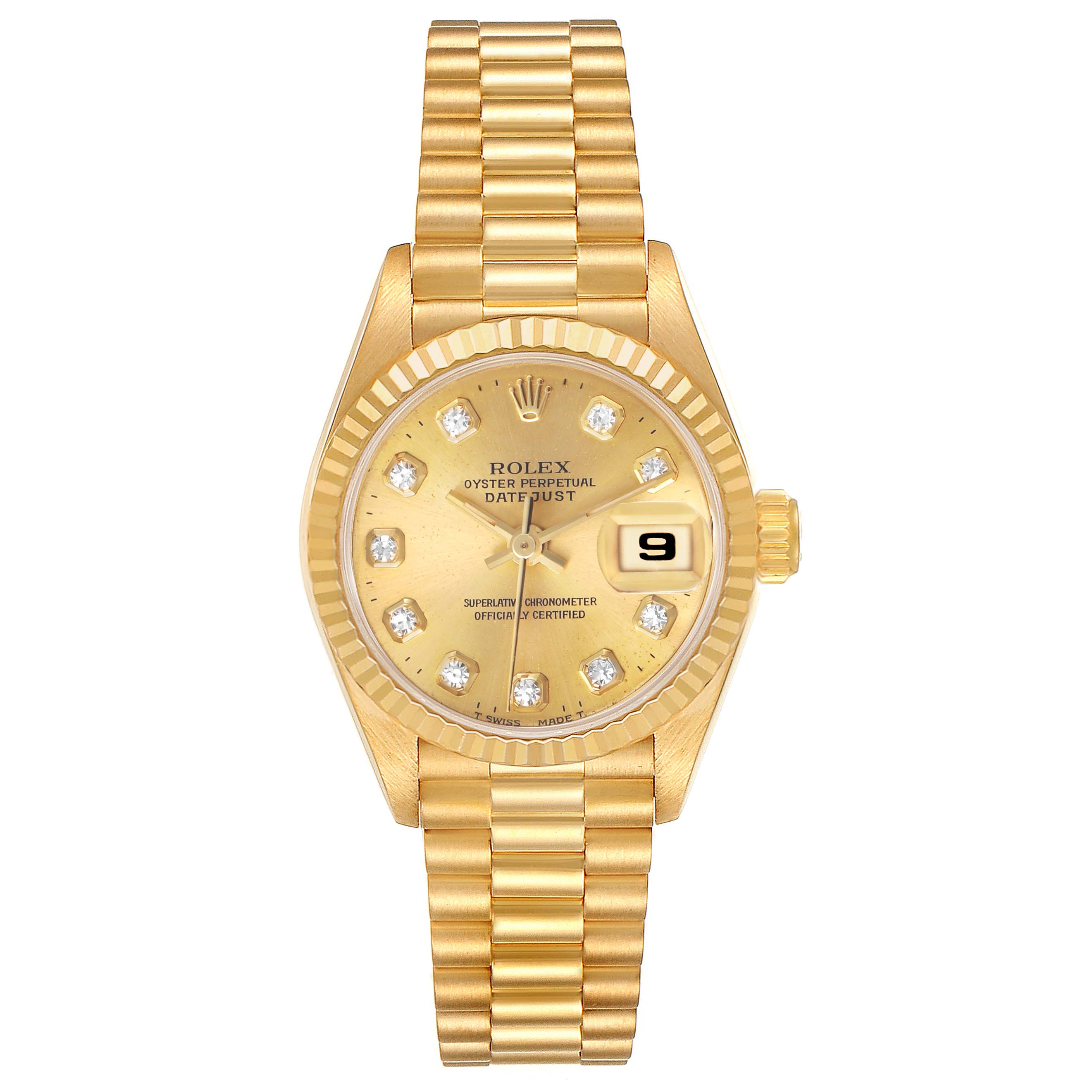 The Rolex President 69178 Women's Yellow Gold Champagne Dial model watch is shown from a top view, displaying its gold case, diamond markers, fluted bezel, and bracelet.