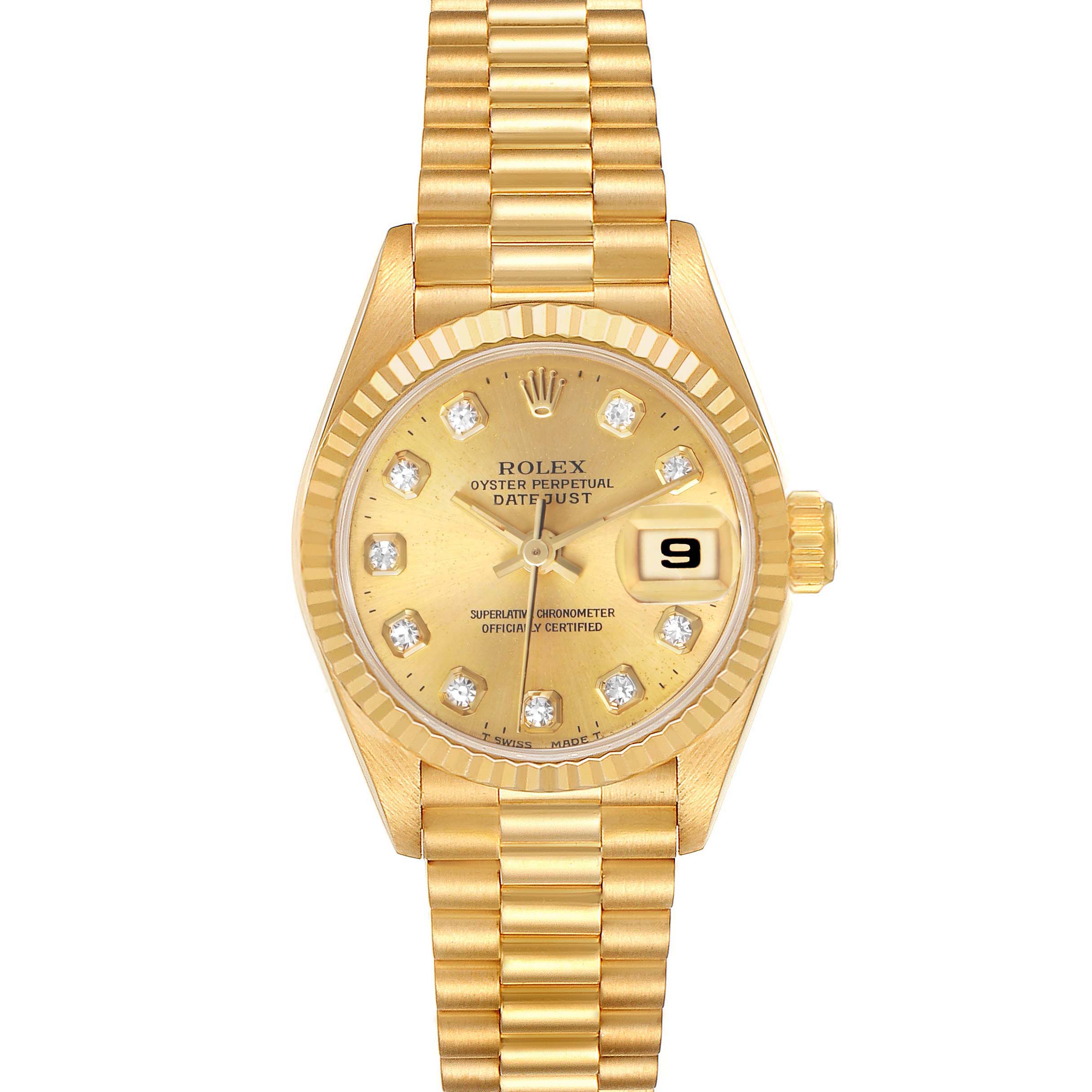 The Rolex President 69178 Women's Yellow Gold Champagne Dial model is shown from a top view, highlighting the gold dial, diamond markers, fluted bezel, and linked bracelet.