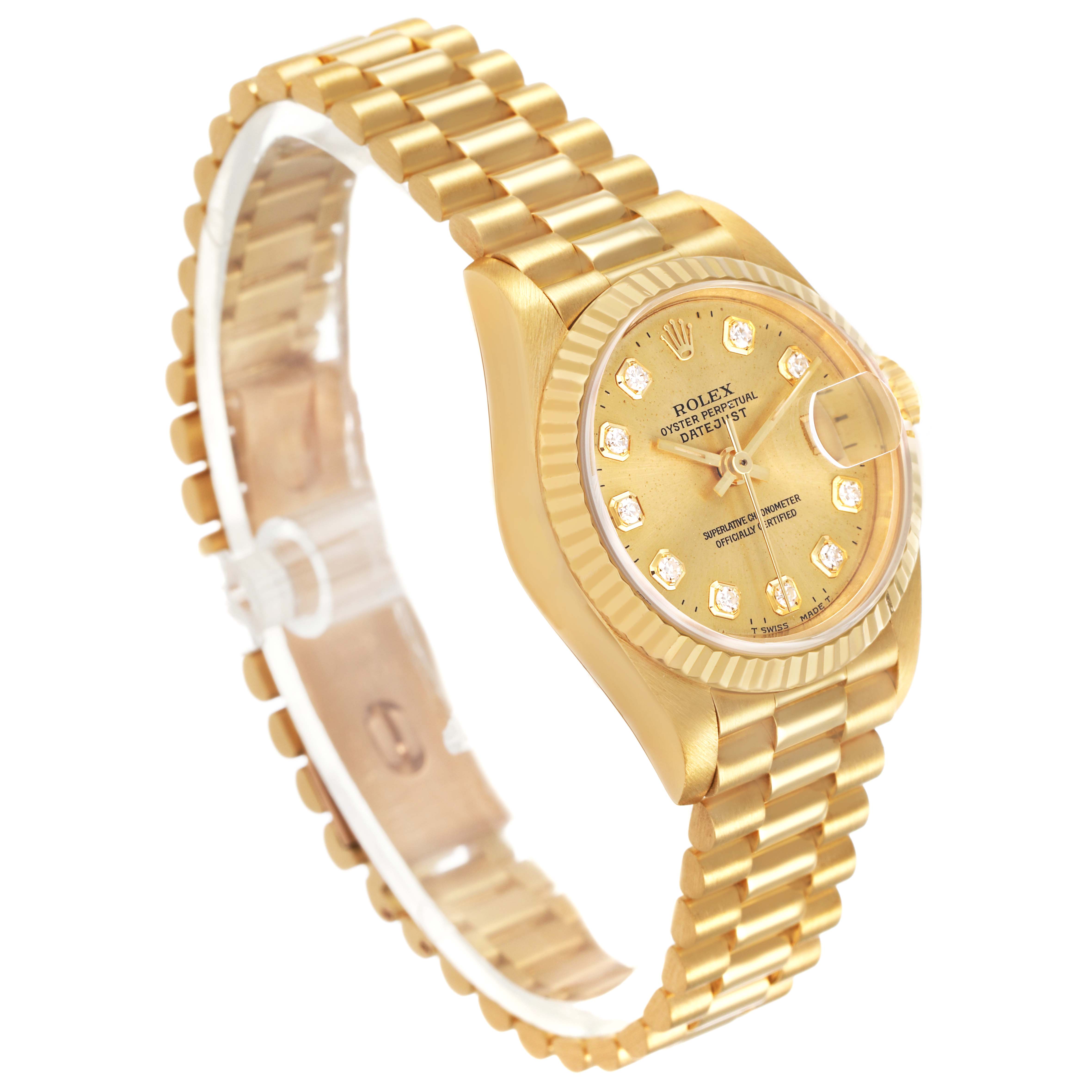 The Rolex President 69178 Women's Yellow Gold Champagne Dial model watch is shown from a slightly angled side view, highlighting the gold bracelet, case, and diamond dial.