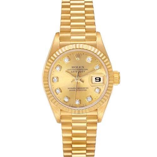 The Rolex President 69178 Women's Yellow Gold Champagne Dial watch is shown from a front angle, displaying the dial, bezel, bracelet, and date window.