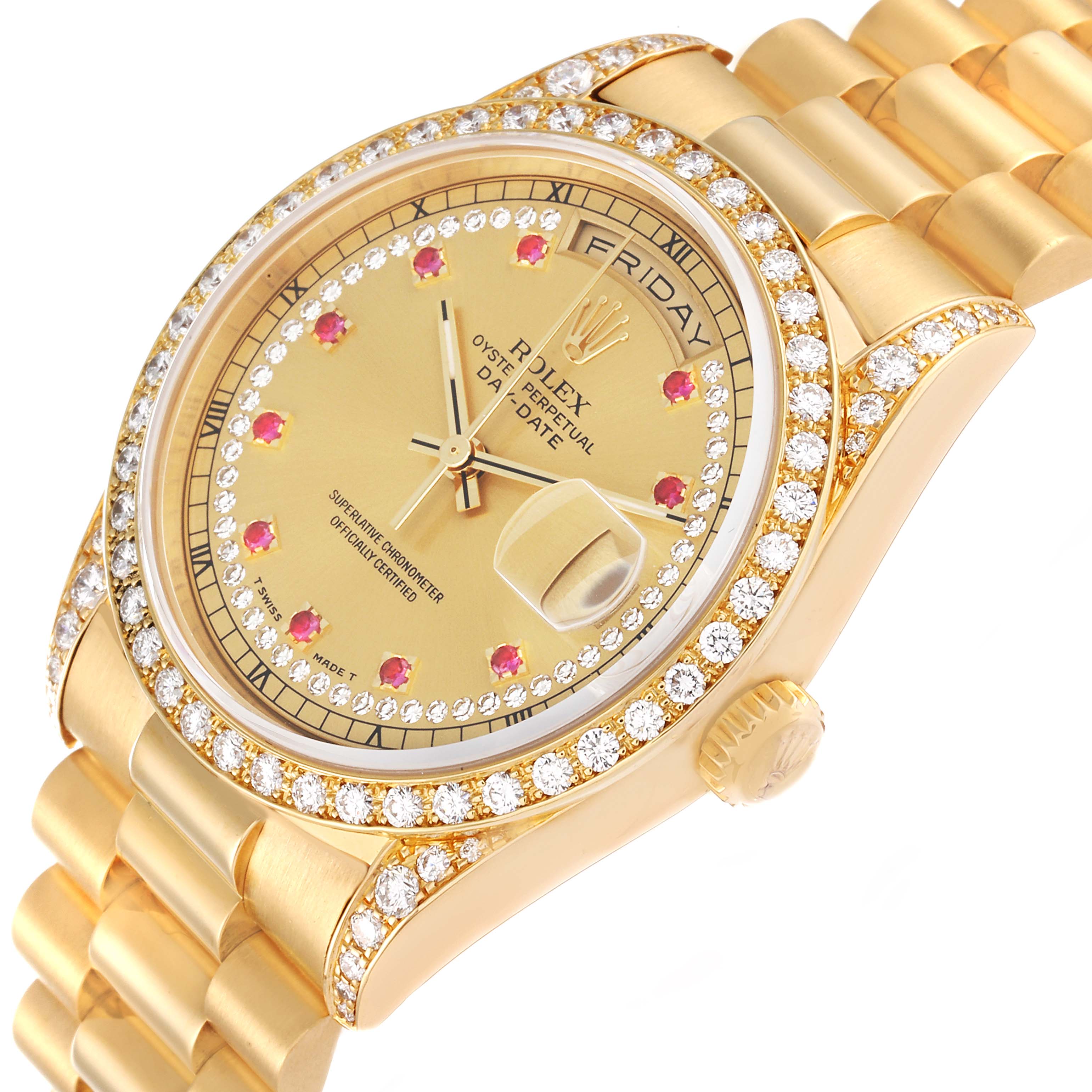 Rolex President Day-Date 36 Yellow Gold Ruby Diamond Dial Mens Watch ...