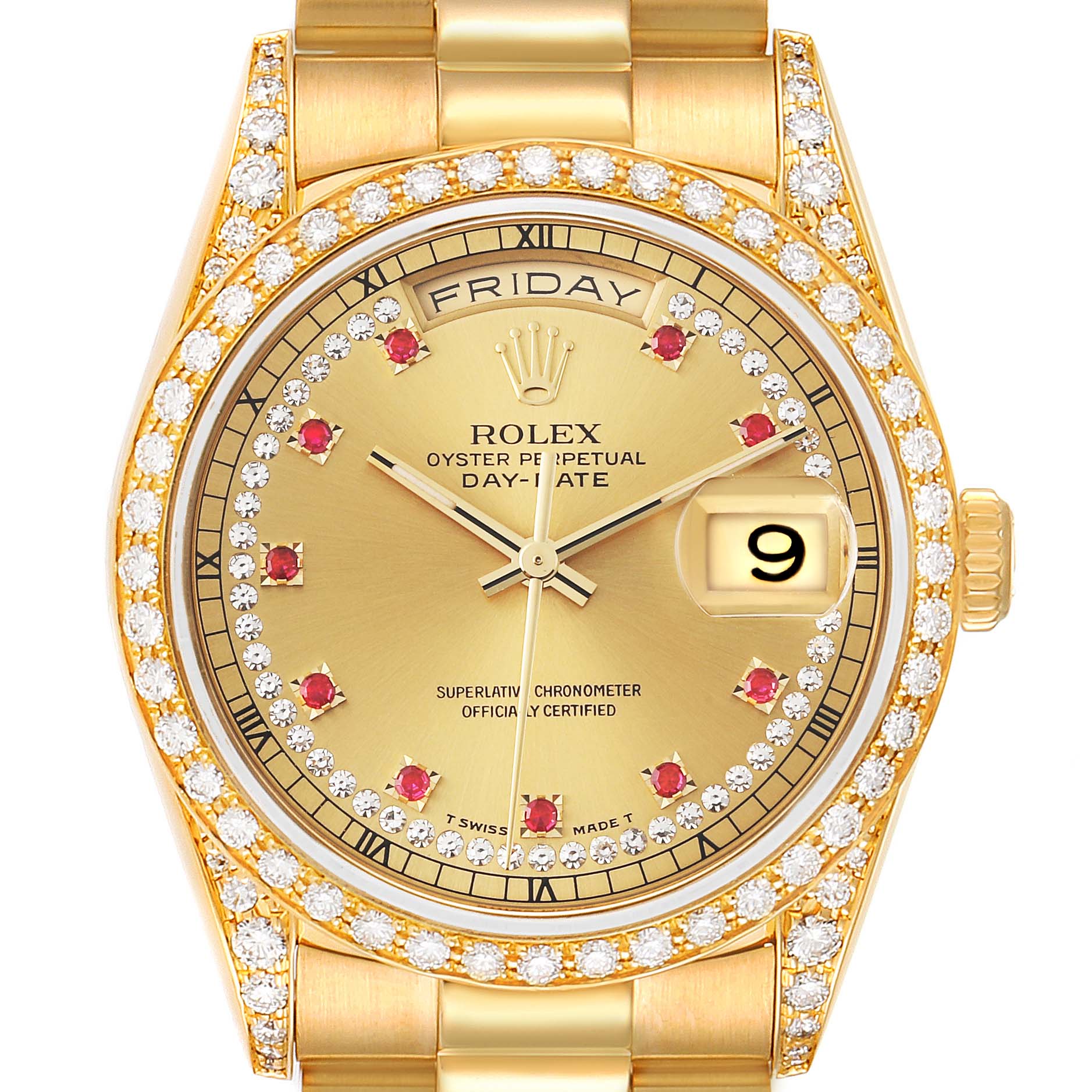 The image shows the front view of the Rolex President 18388 Men
s Yellow Gold Champagne Dial 18388 Men
s Yellow Gold Champagne Dial model watch, displaying the dial, bezel, and part of the bracelet.
